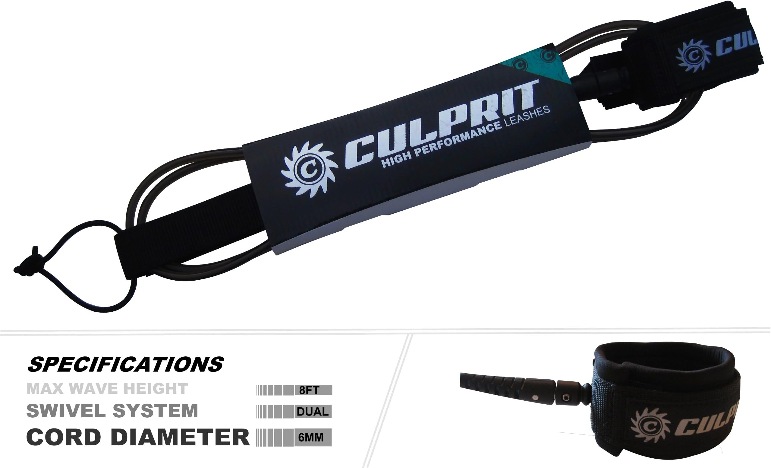 Culprit Surf 6ft COMP High Performance Surfboard Leash - Black