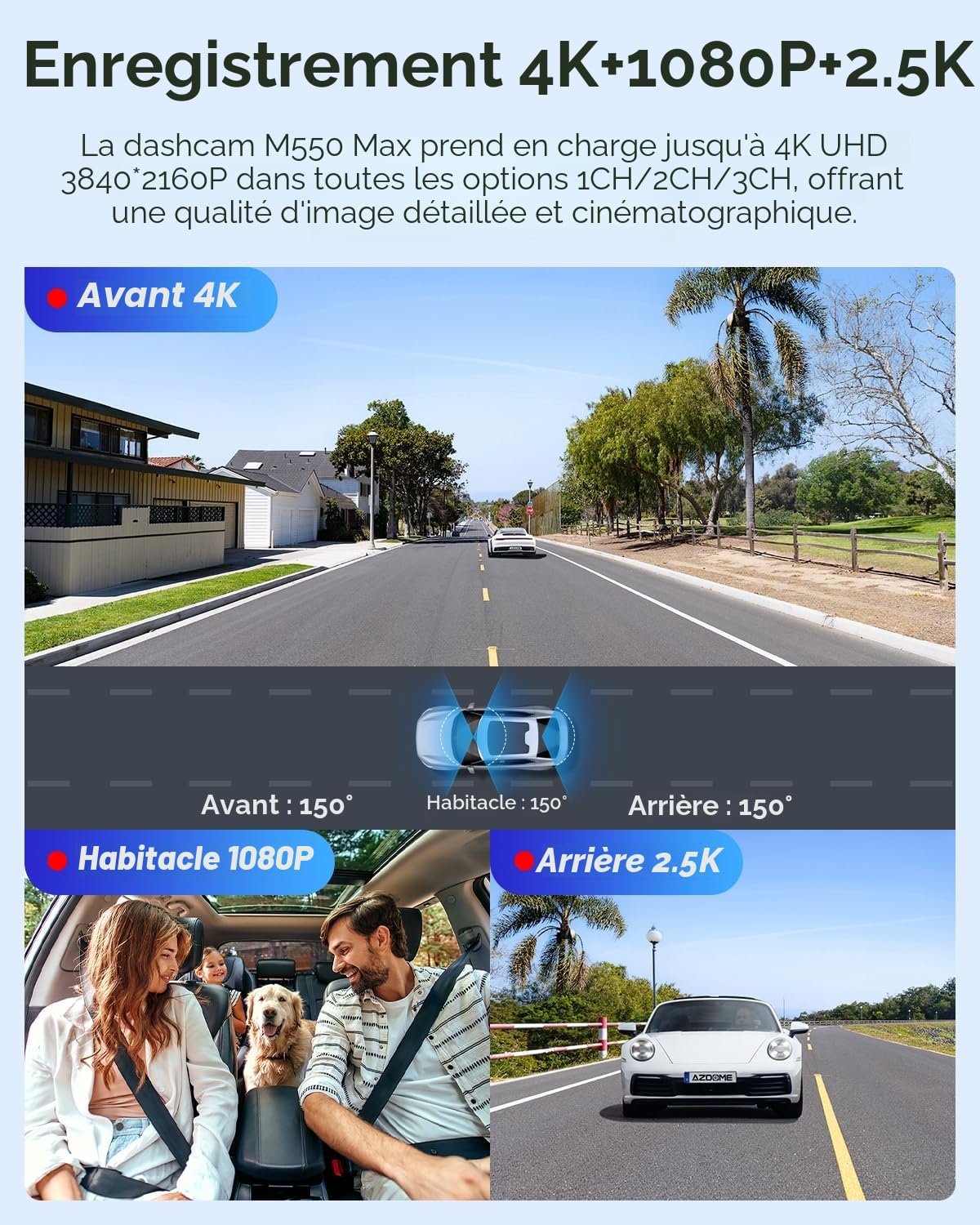 AZDOME M550 Max Dashcam Voiture 4K Avant Arrière Intérieur, 3 Canaux 4K+1080P+2.5K, avec Carte SD 64Go, WiFi 5,8GHz GPS, STARVIS, Vision Nocturne IR, WDR, Mode Parking 24H, G-Capteur