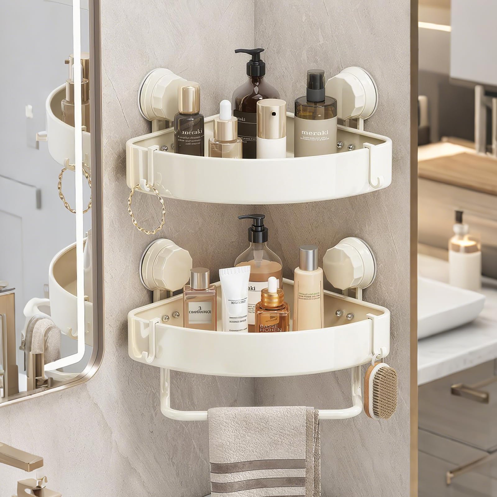 Bryzal 2 Pack Corner Shower Caddy Suction Cup, No Drilling Corner Shower Shelf with Towel Bar and Hooks, Bathroom Corner Shelves Suction Shower Organiser Rack for Bathrooms Storage (Milky White)
