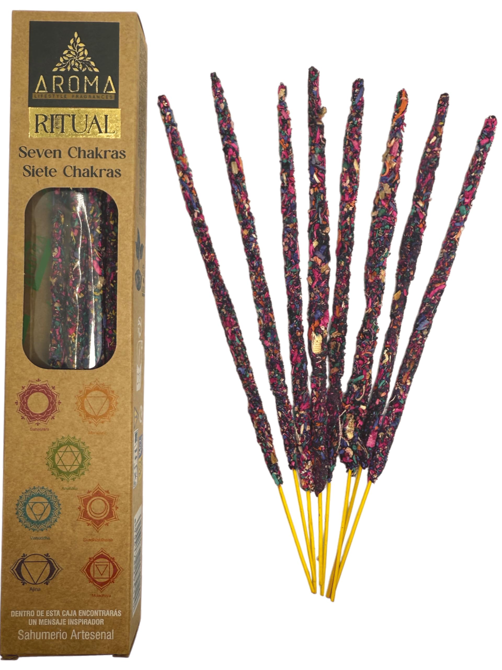 HOSTENATURA Organic Incense Ritual 7 Chakras Aroma Artisan Incense – Box with 8 Incense Sticks – 1 Hour Duration