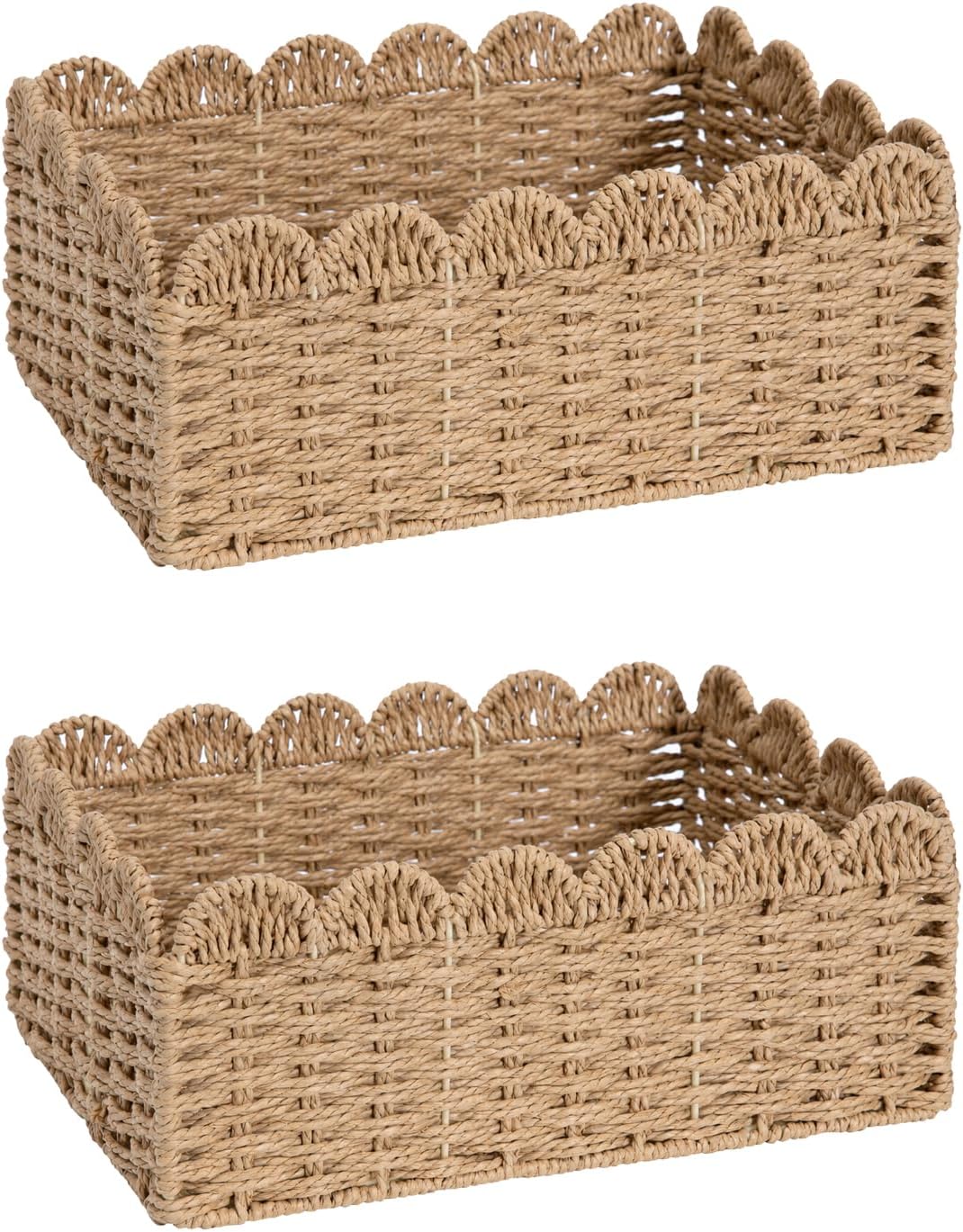 2 Pack Foldable Scalloped Basket, Handwoven Wicker Storage Baskets for Shelves Books Toys Towels, 14" L x 10.5" W x 6" H Natural Paper Rope Rattan Baskets for Organizing Boho Farmhouse Home Decor