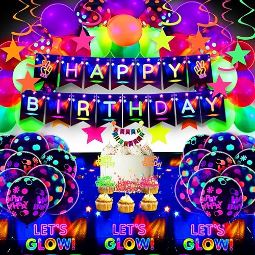 Zhanmai Juego de 83 piezas de suministros de fiesta de neón que brillan en la oscuridad, suministros de cumpleaños, globos de neón, pancarta