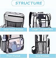 Vista 4 de mommore Mochila transparente resistente, grande, transparente, para escuela, PVC, aprobada para estadios, mochila transparente