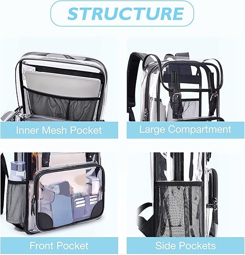 Miniatura 4 de mommore Mochila transparente resistente, grande, transparente, para escuela, PVC, aprobada para estadios, mochila transparente