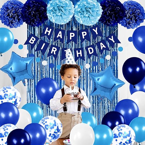 Miniatura 4 de Decoraciones de fiesta de cumpleaños azules para niños y hombres, pancarta de feliz cumpleaños, globos, azul marino, azul real, azul claro,