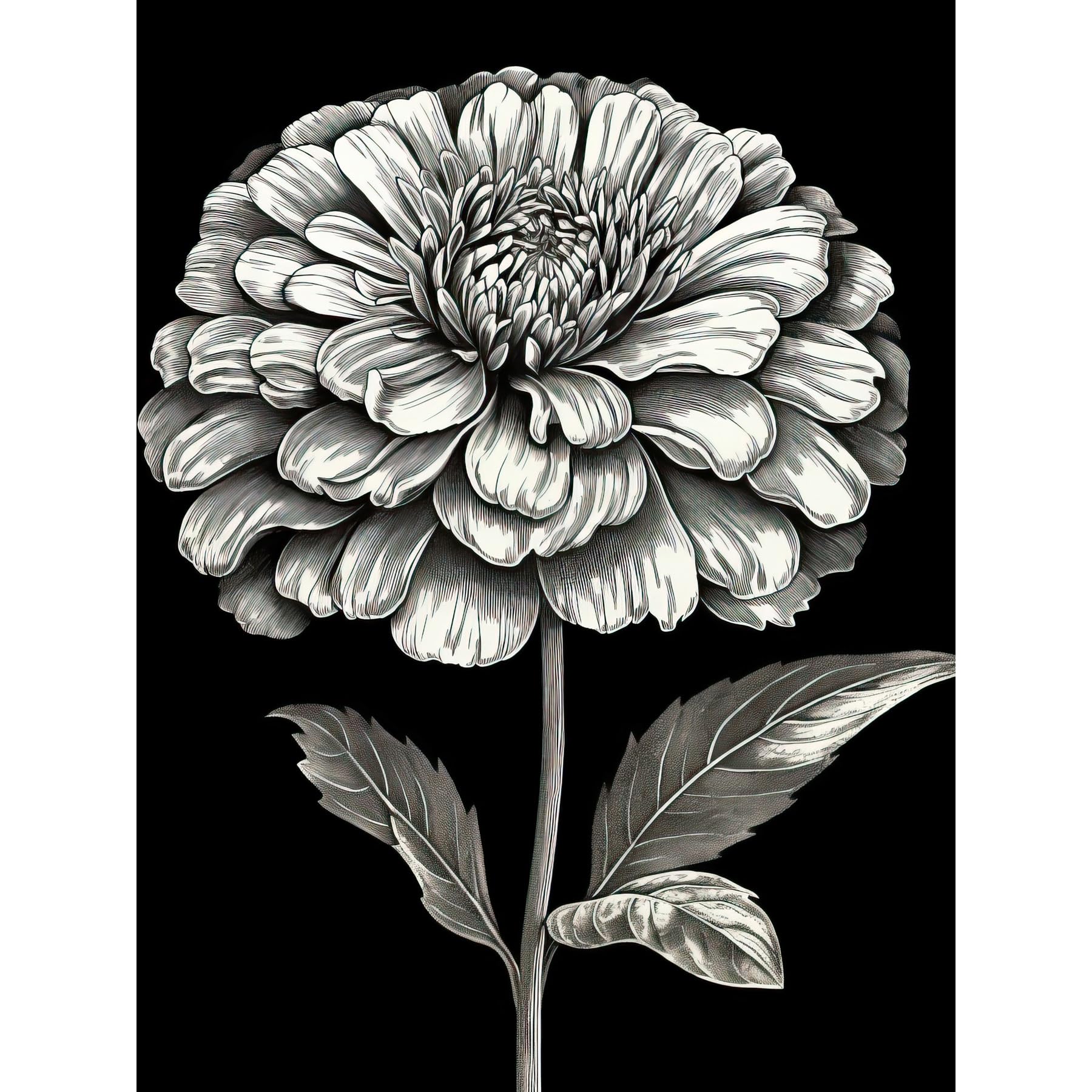 Artery8 Zinnia Flower Bloom Black and White Illustration Large Wall Art Poster Print Thick Paper 18X24 Inch