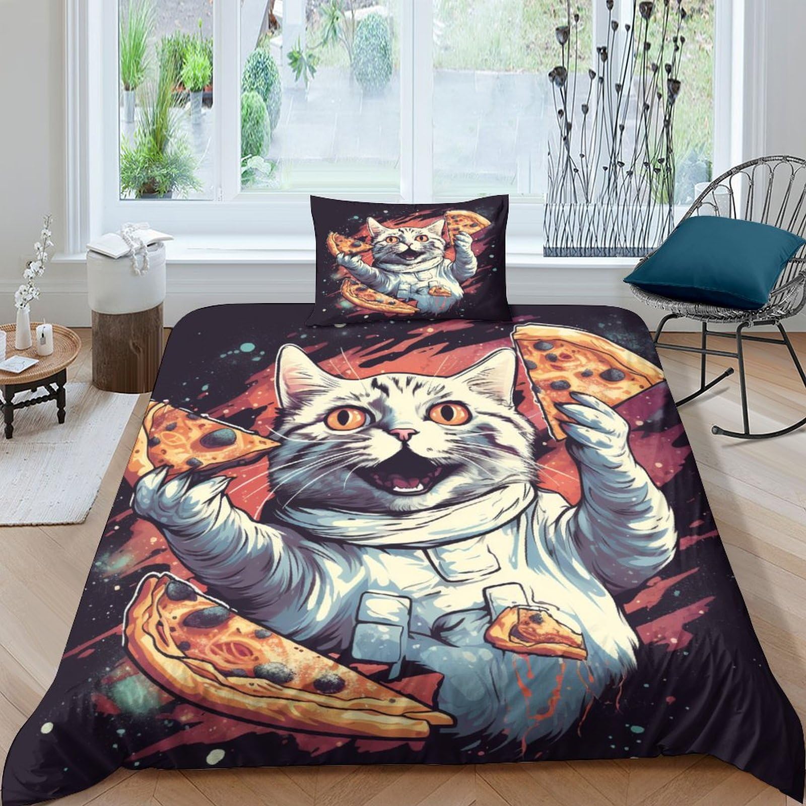 Housse de couette chat pizza idée cadeau originale pour anniversaire d'enfant