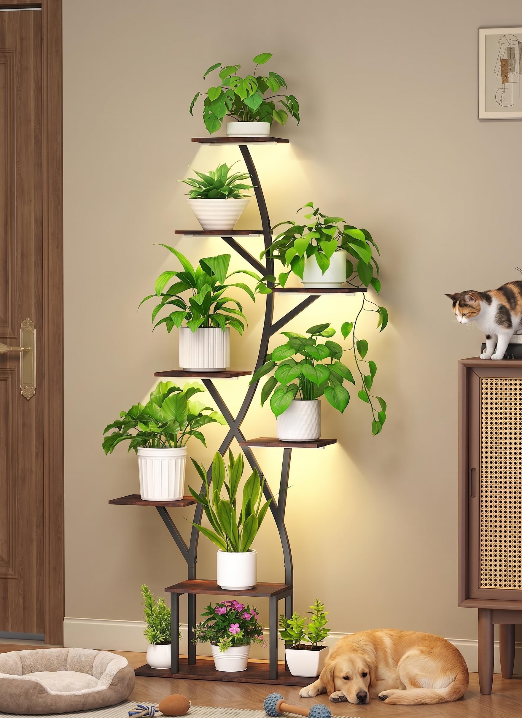 yeshine Plant Stand Indoor with LED Grow Lights - 8 Tier Tree-Shaped Corner Plant Shelf, 50 Inch Tall Flower Pot Holder, Rustproof Metal Display Rack for Home, Garden, Hallway and Bedroom