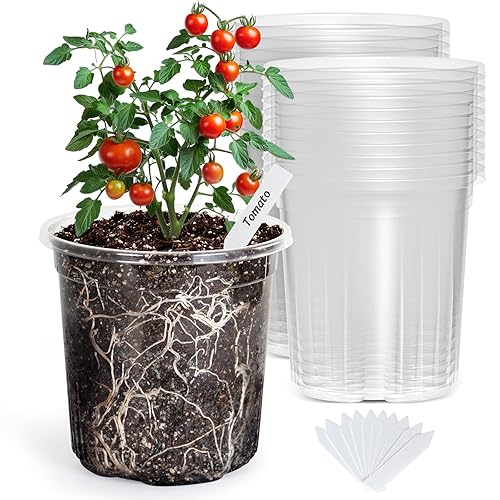 Bonviee 20 Packs 6.7 Inch Clear Nursery Pots, 1 Gallon Plastic Seedling Pots with Drainage Holes, Planters for Indoor Plants and Small Seed Starters, High Transparency Flower Pots with 10 Plant Labels - Clear - 6.7 Inch-without Lid