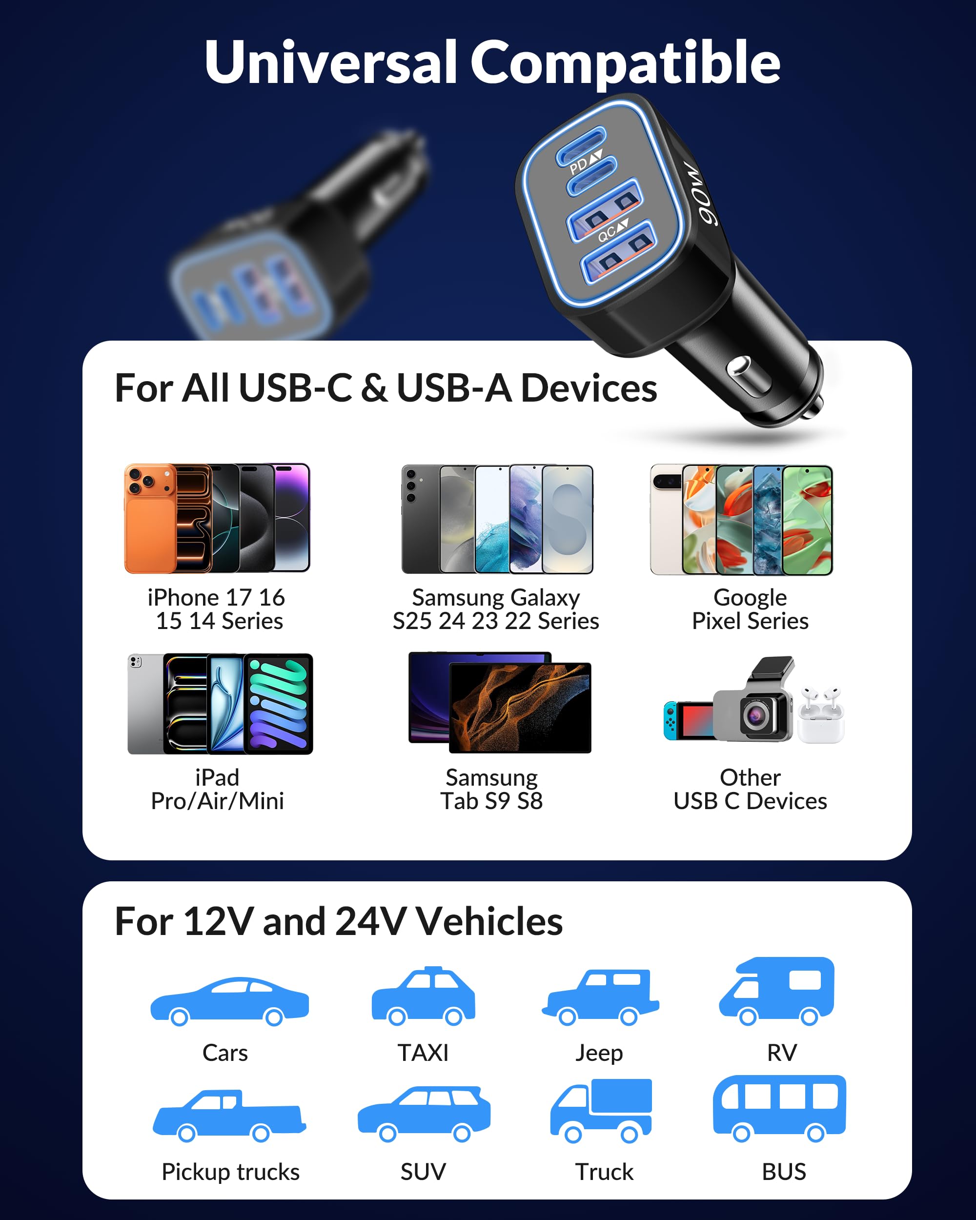 USB C Car Charger, 4-Port 90W Super Fast Car Phone Charger Accessories Dual 45W USB-C & USB-A Cargador Carro Adapter Cigarette Lighter for iPhone 16e 16 15 14 13 12, Samsung S25 S24, Tablet, Android