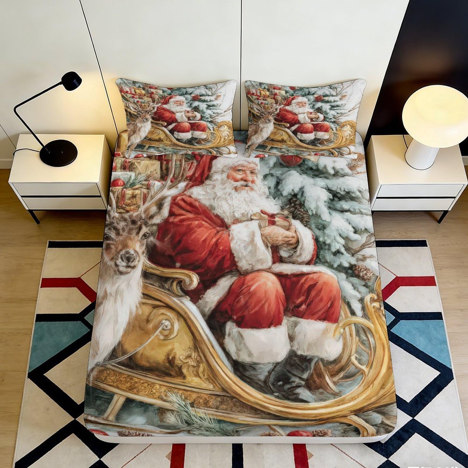 Pnayamiorkfel Style-9 3D Printed Christmas Santa Sleigh Fitted Sheet Microfiber Soft Decorative Reindeer Bed Cover For Bedroom Guest Room 90X200x25cm