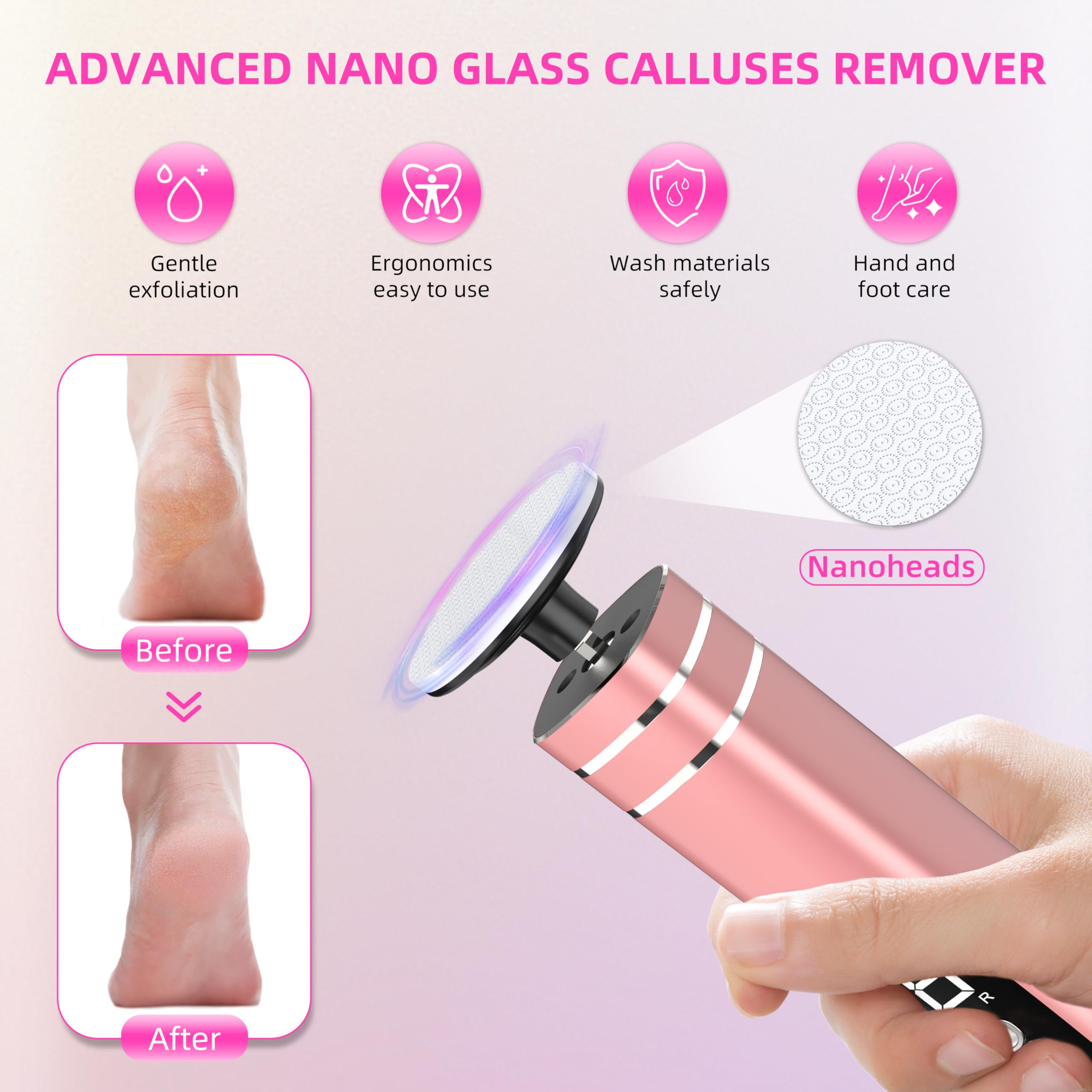 Pedicure Elettrico Professionale Piedi, 2 in 1 Ricaricabile Pedicure Elettrico 9 Velocità Limapiedi per Calli Rimuove Calli e Pelle Dura da Talloni e Piante per Cura dei Piedi e Delle Unghie- Oro Rosa