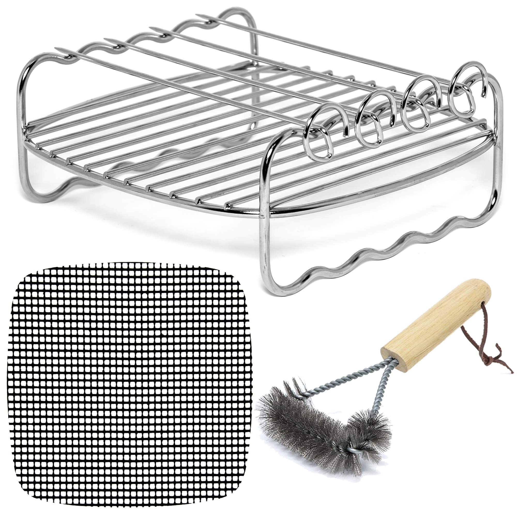 Air Fryer Kebab Skewer Rack Compatible with Costzon, Dash, NuWave Brio, Chefman, Gourmia, Enklov, Maxi-Matic, Philips, Cosori +More | Stainless Steel Skewer Accessory + Cooking Times Cheat Sheet