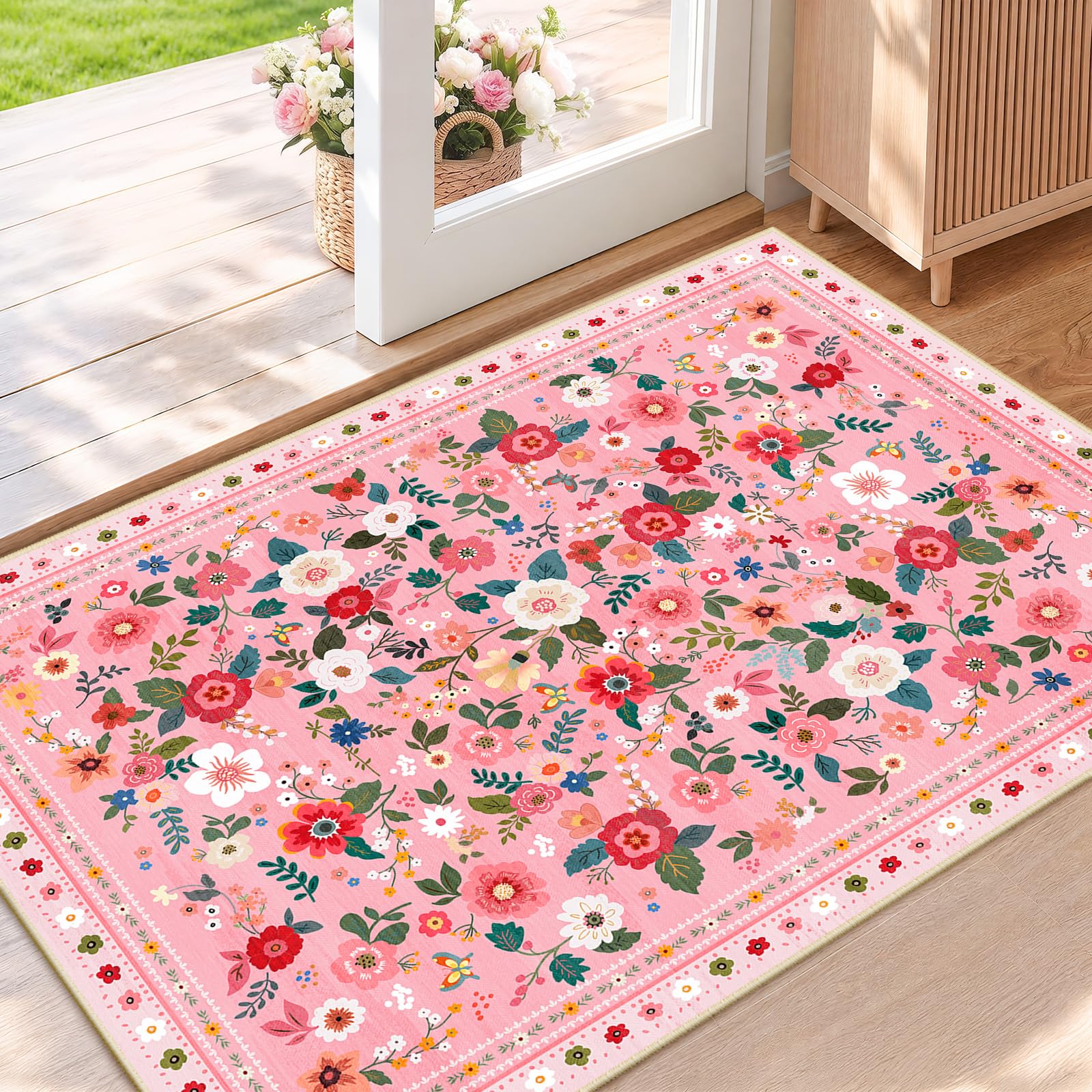 INOVADAY Washable Rug Floral Print 60x90 cm Pink Hallway Runner Rug — image 1