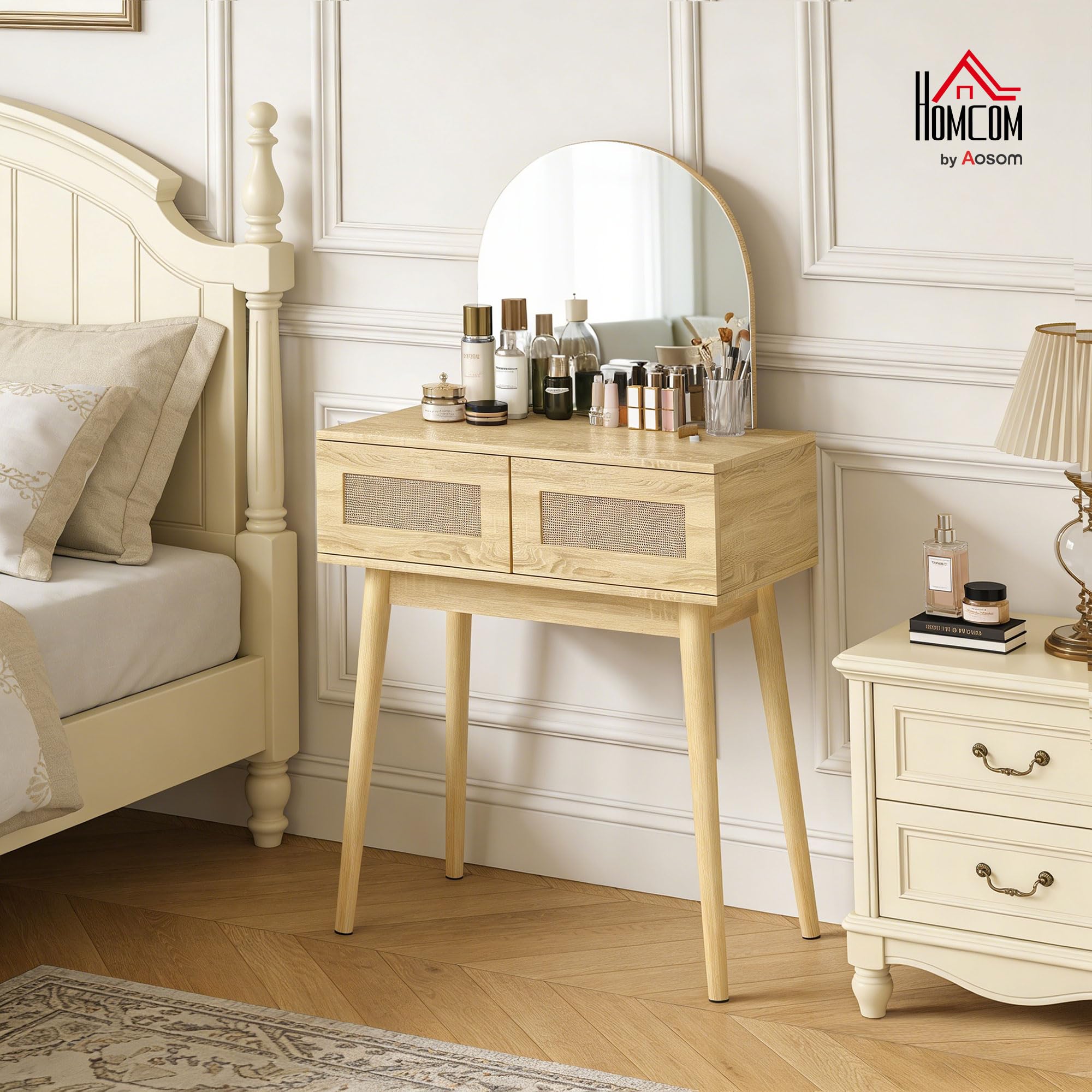 HOMCOM Tocador con Espejo Arqueado, Mesa de Maquillaje Moderna con 2 Cajones con Frontal de Ratán, Tocador de Maquillaje para Dormitorio, Espacios Pequeños, Natural