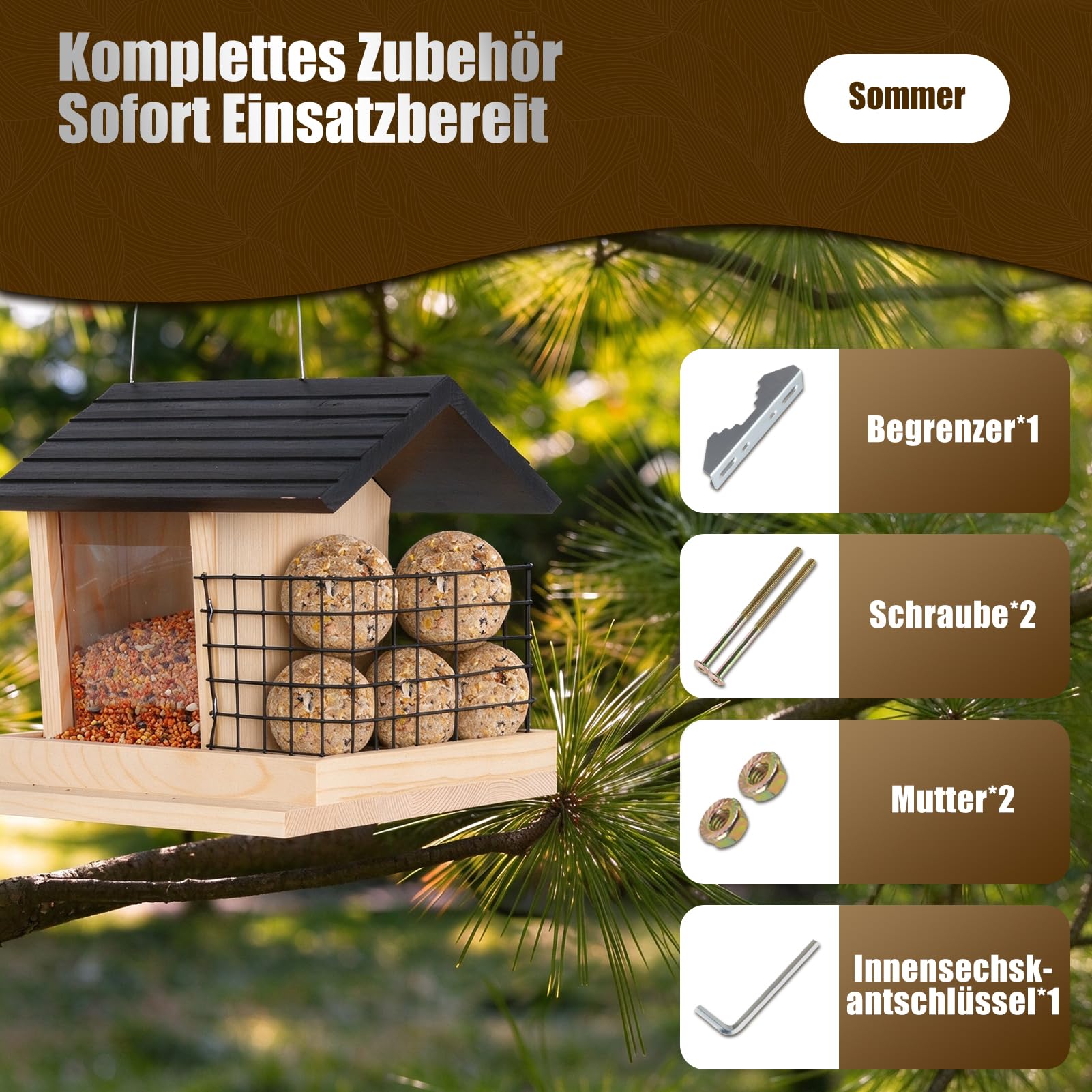 2 in 1 Vogelhaus zum Aufhängen Holz, Vogelhaus Balkon(mit Balkonklemme), Vogelfutterhaus aus Massivholz mit Meisenknödel Gitterhalter, Vogelfutterspender Vogelfutterstation Wetterfest für Garten