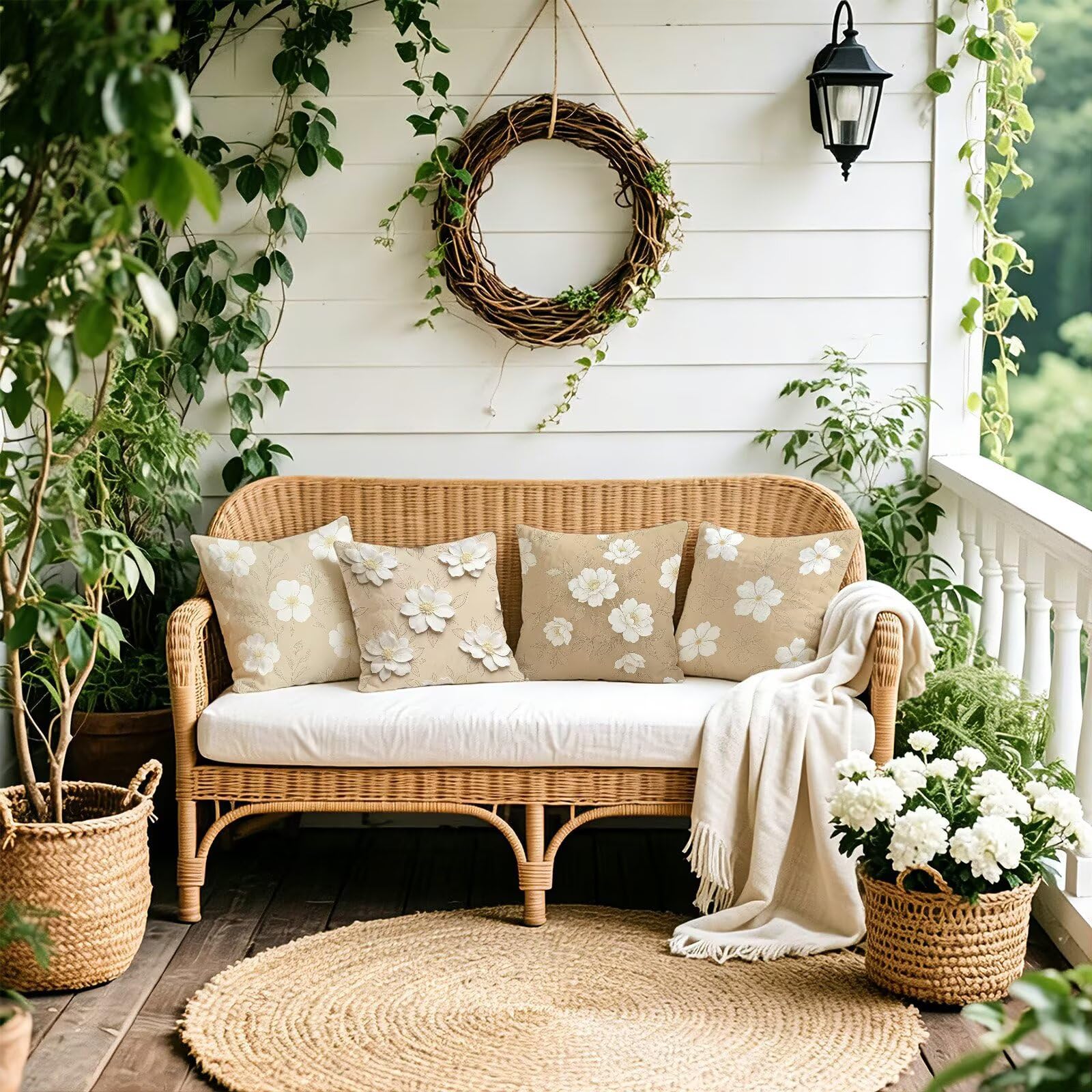 Beżowa poszewka na poduszkę 65 x 65 cm zestaw 4 poduszek outdoorowych | Aksamitna poszewka na poduszkę do salonu, na sofę, styl boho, 65 x 65 cm