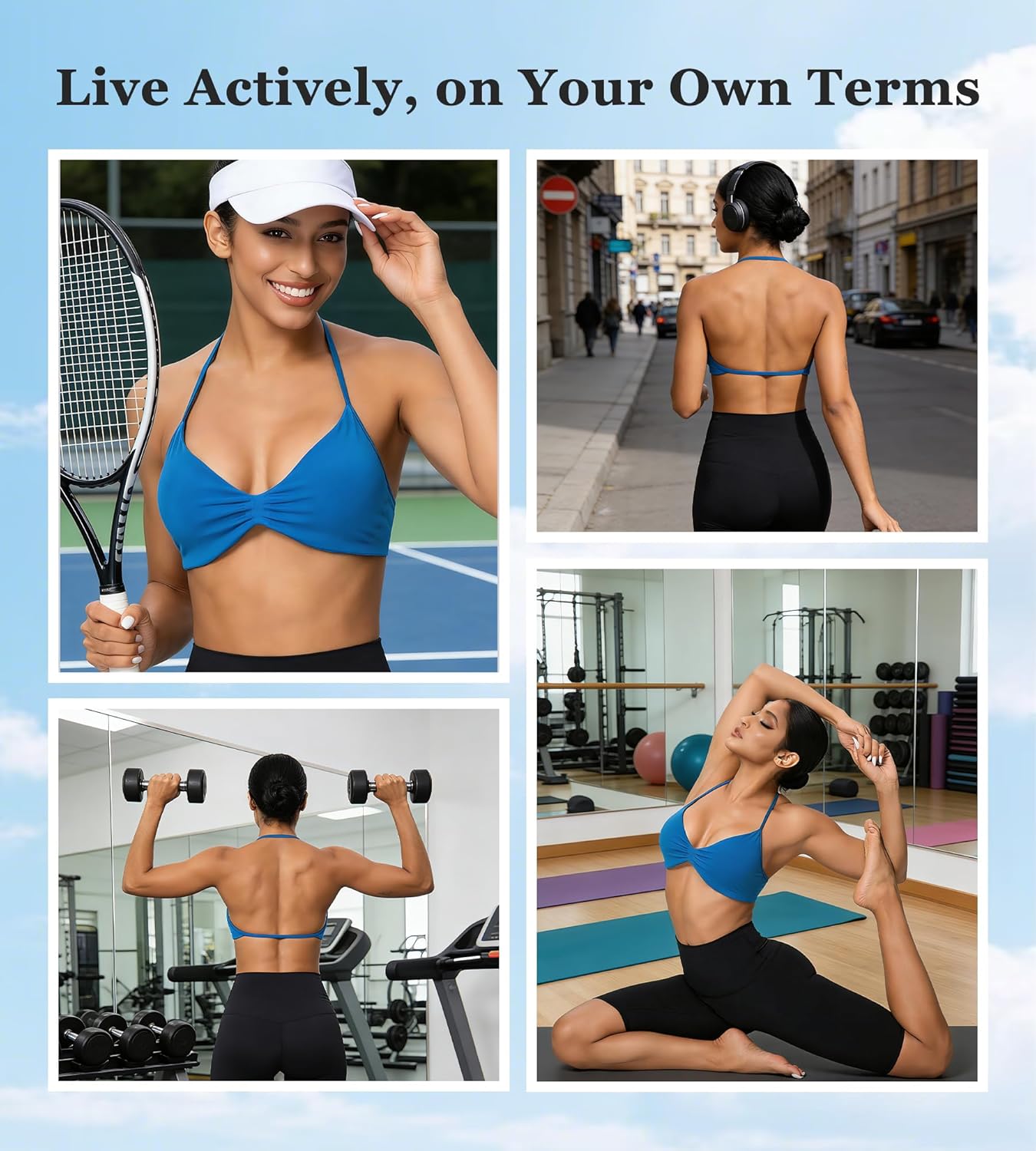 2 Pack Halter Sports Bras for Women - Padded Plunge Low Impact Strappy Wireless Sport Bra Workout Yoga Bralettes - Image 8