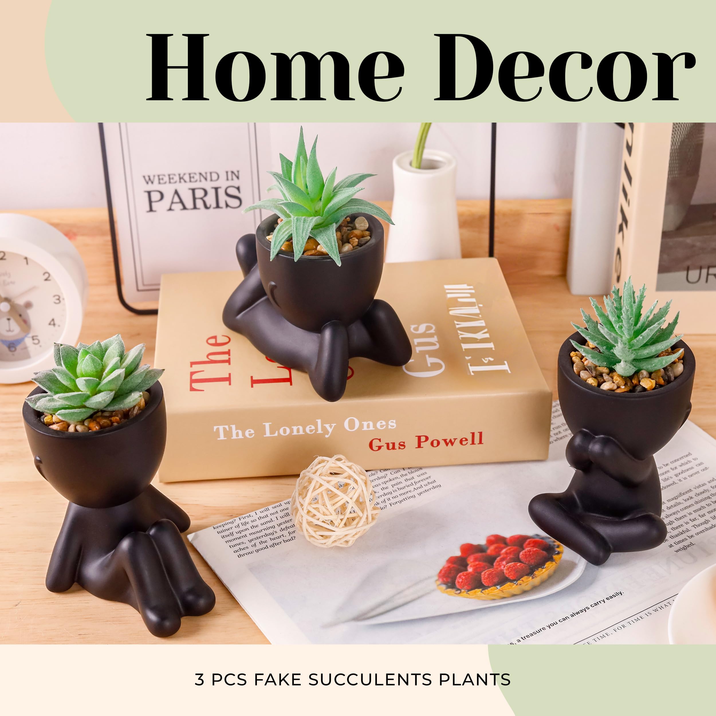 BTSD-home Set of 3 Faux Succulent Plants in Black Pots Mini Artificial Plants Indoor for Room Home Bedroom Bathroom Decor - Image 4