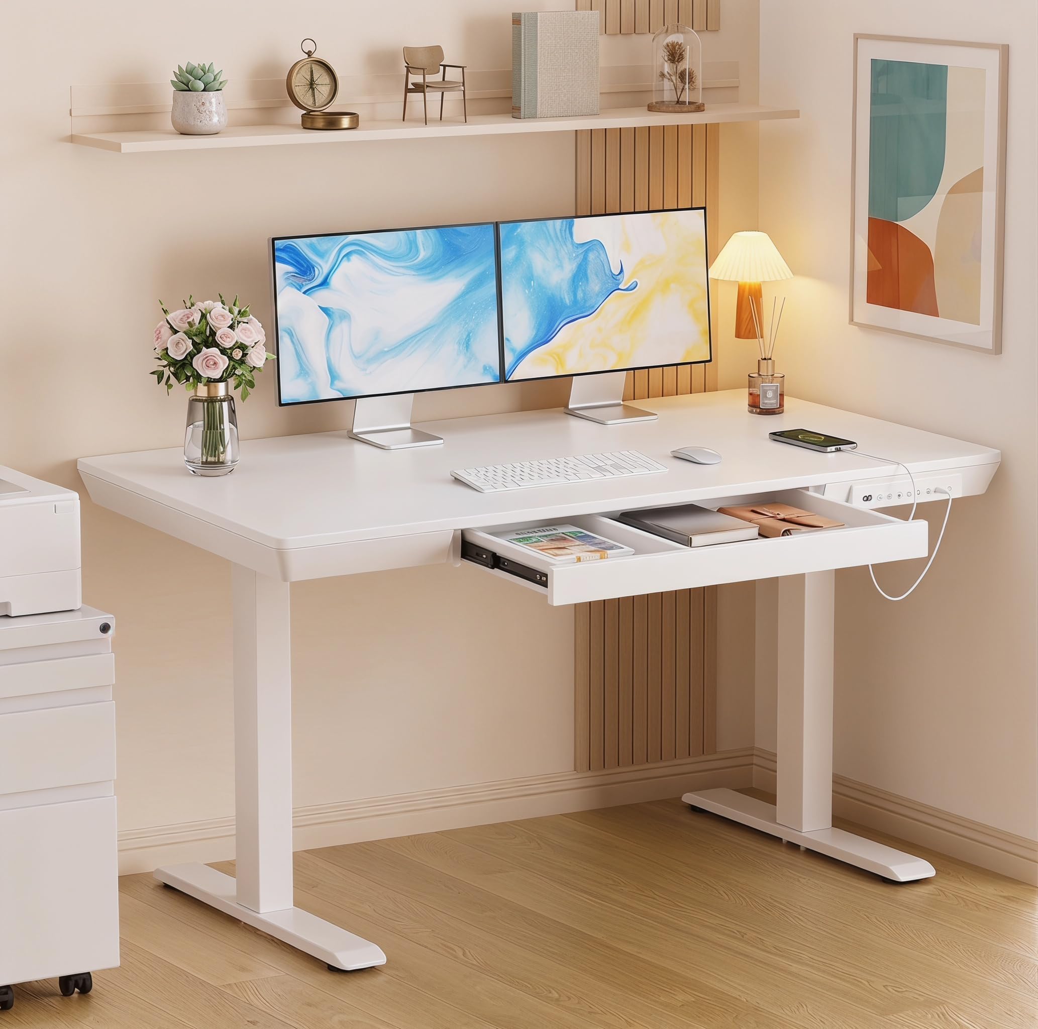 Marsail Standing Desk with Drawers,48 x 24 inch Adjustable One Piece Wooden Standing Desk, Electric Adjustable Height Desk with Storage & USB Charging Ports,Raised Computer Small Desk for Office White