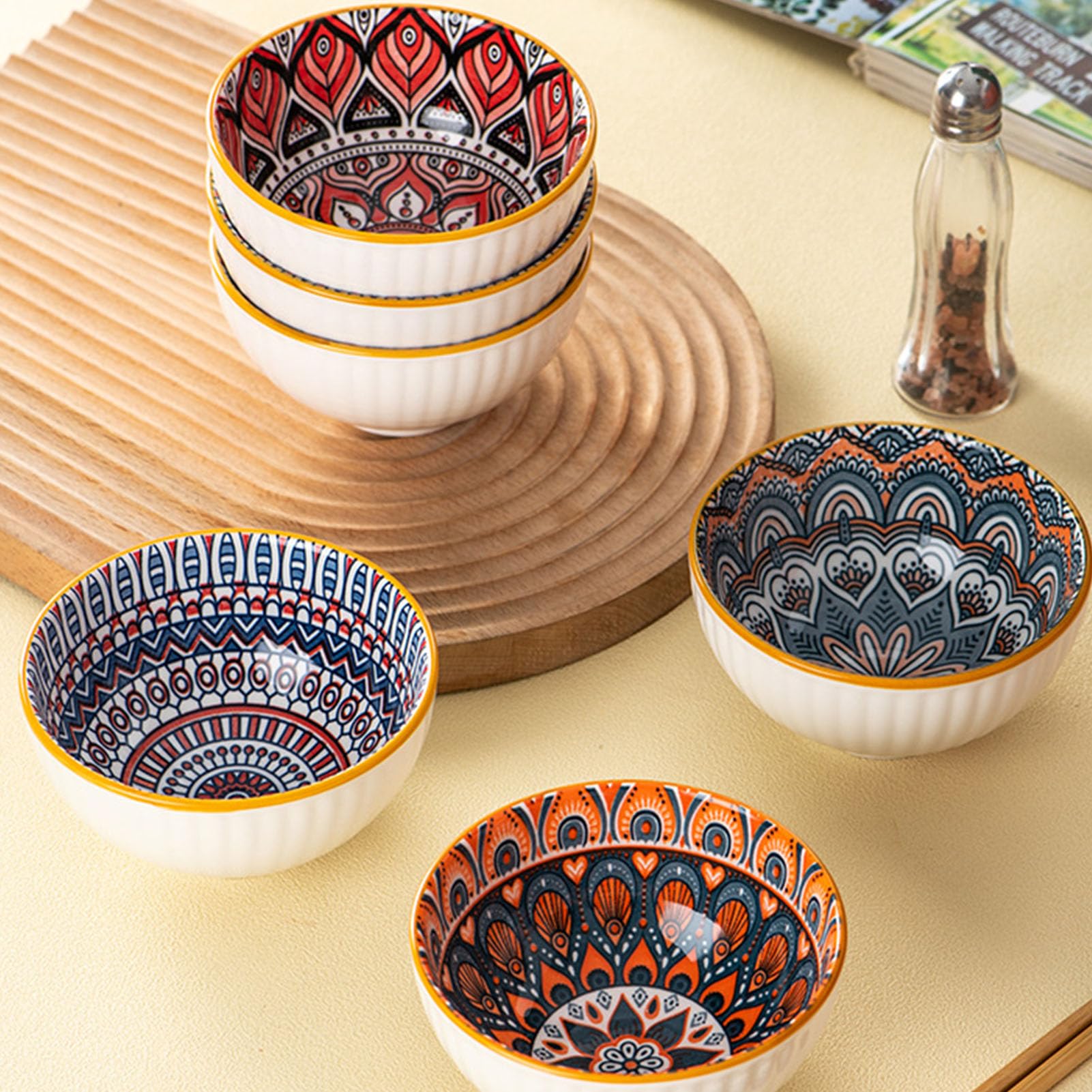 Ensemble d'assiettes en céramique de Style bohème (Coffret Cadeau de 5 pièces) : Assiettes Rondes colorées pour Desserts et salades, compatibles Micro-Ondes et Lave-Vaisselle.