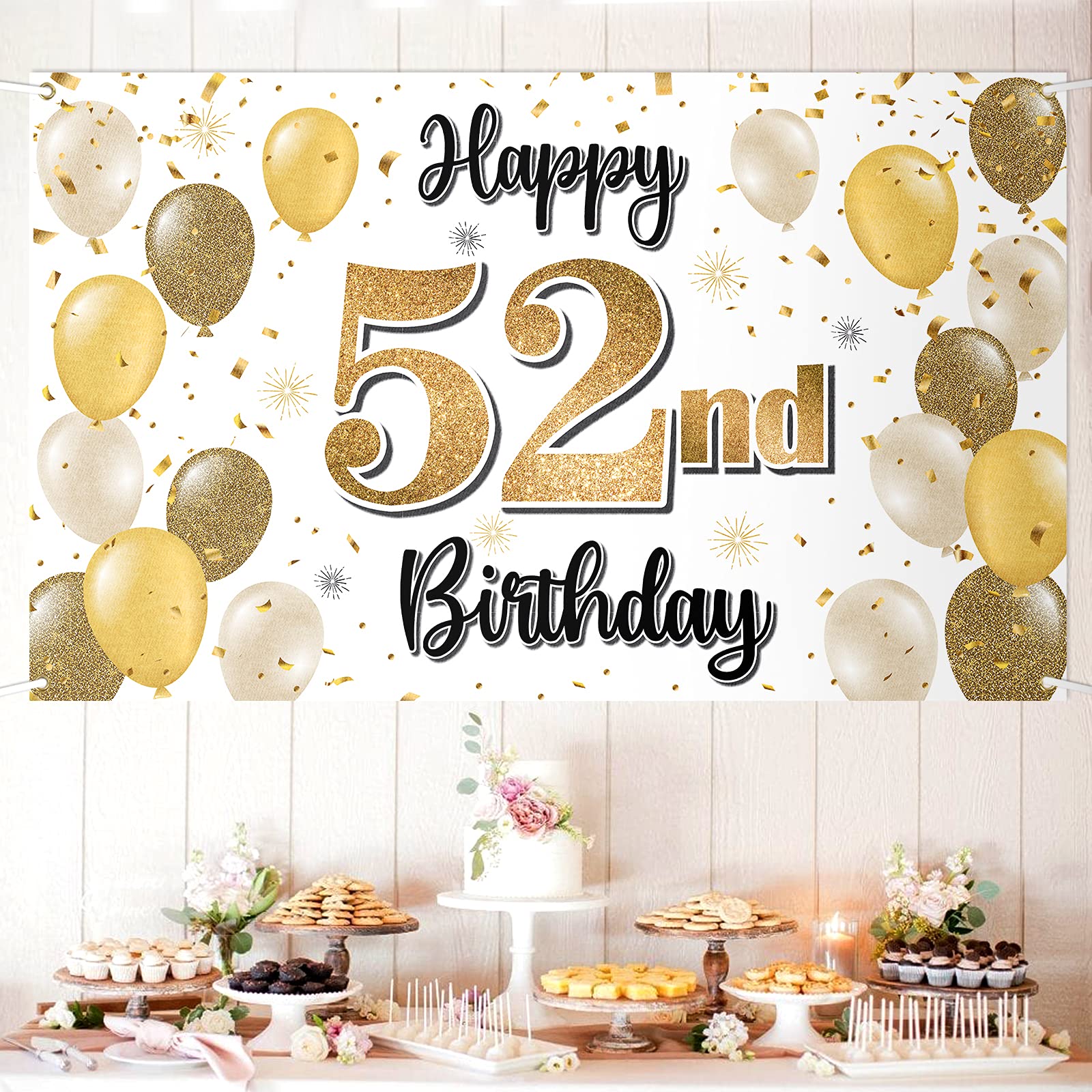 52nd Happy Birthday Banner - Large 3.77x5.9 Ft Gold & Black Backdrop For Birthday Party Decor