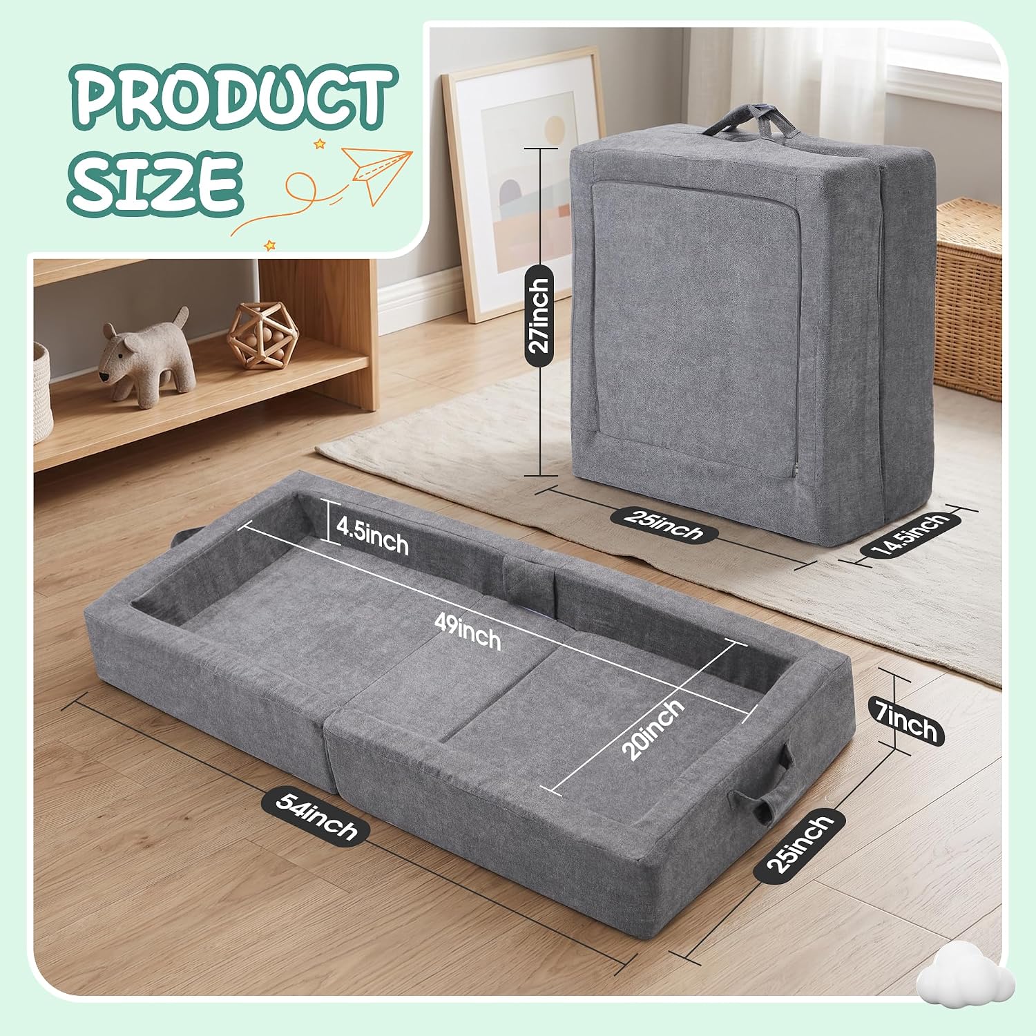 Umoving Portable Toddler Travel Bed, Foldable Foam Floor Bed with Washable Cover, Built-in Safety Rails, No Assembly Kid Crib for Travel & Home Use, Gray