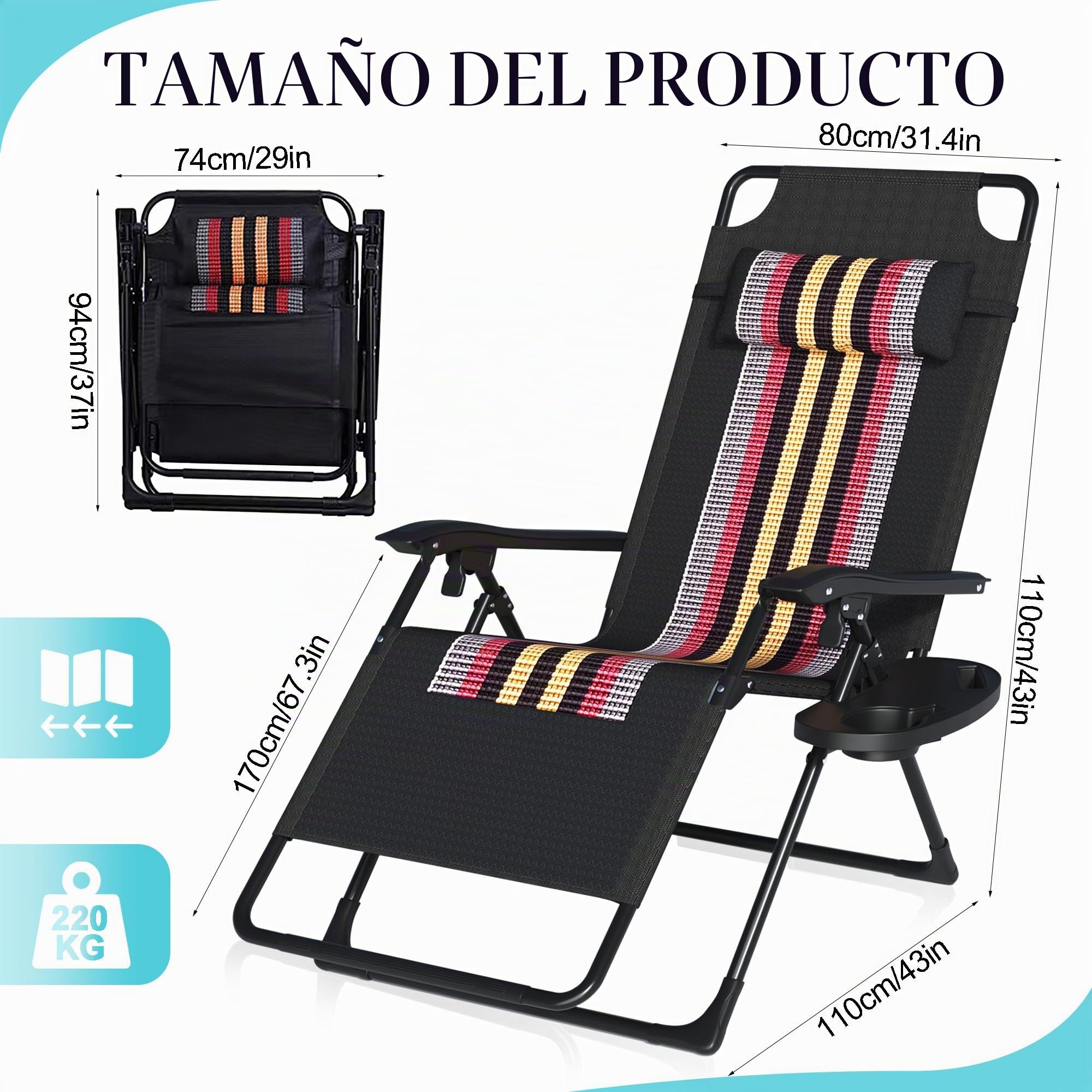 Tumbona Plegable hasta 200 kg, Tumbona Ajustable con cojín Cervical y Soporte para Bebidas, Tumbona ergonómica para jardín, balcón y Playa (Negro)