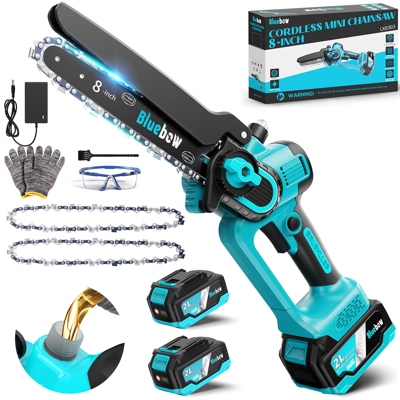 Brushless Mini Chainsaw Cordless - 8 Inch Electric Saw with Oiler System, Chain Saw with 2×4000mAh Batteries Small Chainsaw with Safety Lock for Cutting Trees Trimming Wood Gardening