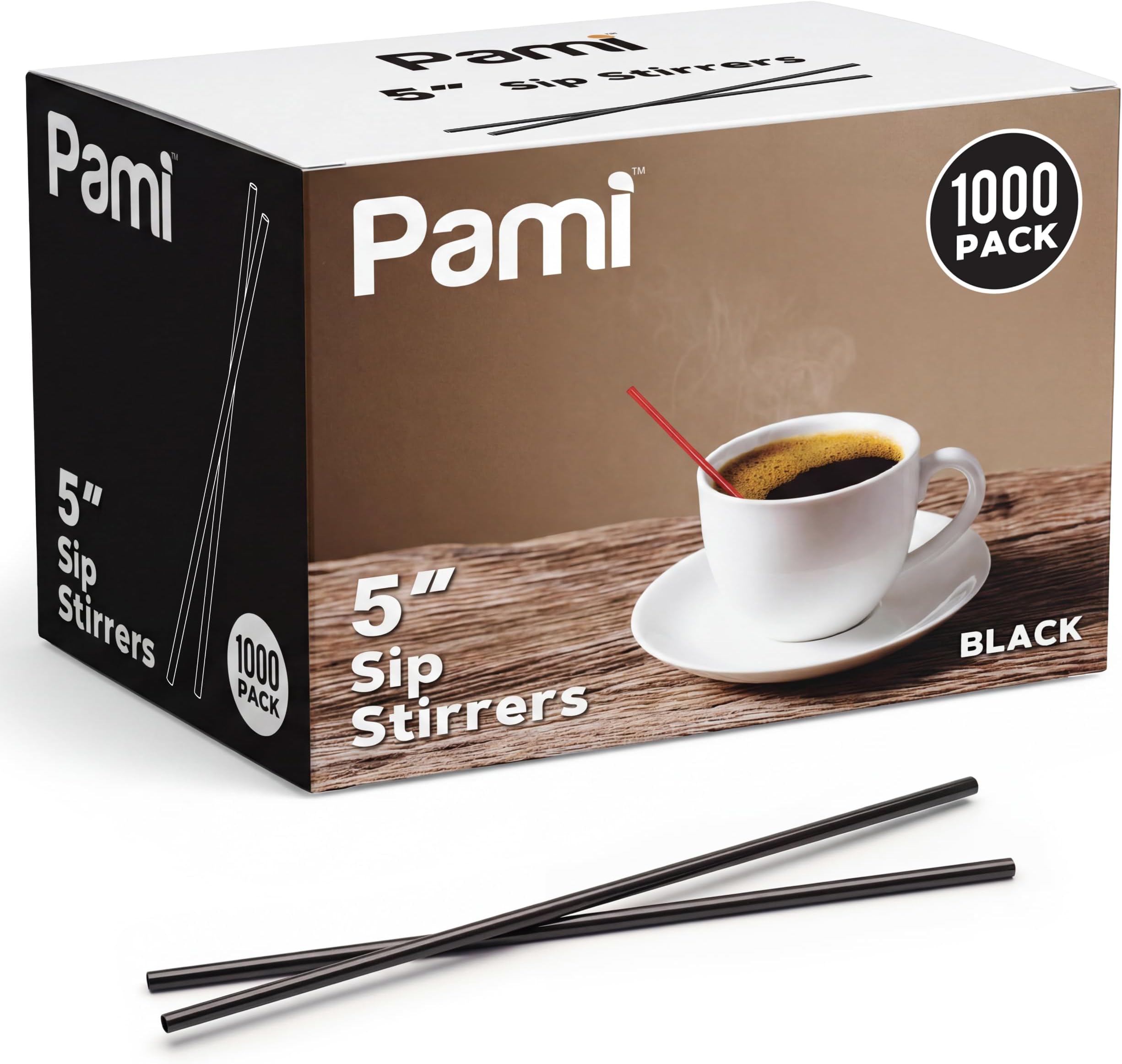 PAMI 1000 Black Stir Straws 5in Disposable Plastic Coffee Stirrers Swizzle Sticks for Cocktails, Hot & Cold Beverages (Black One Size)