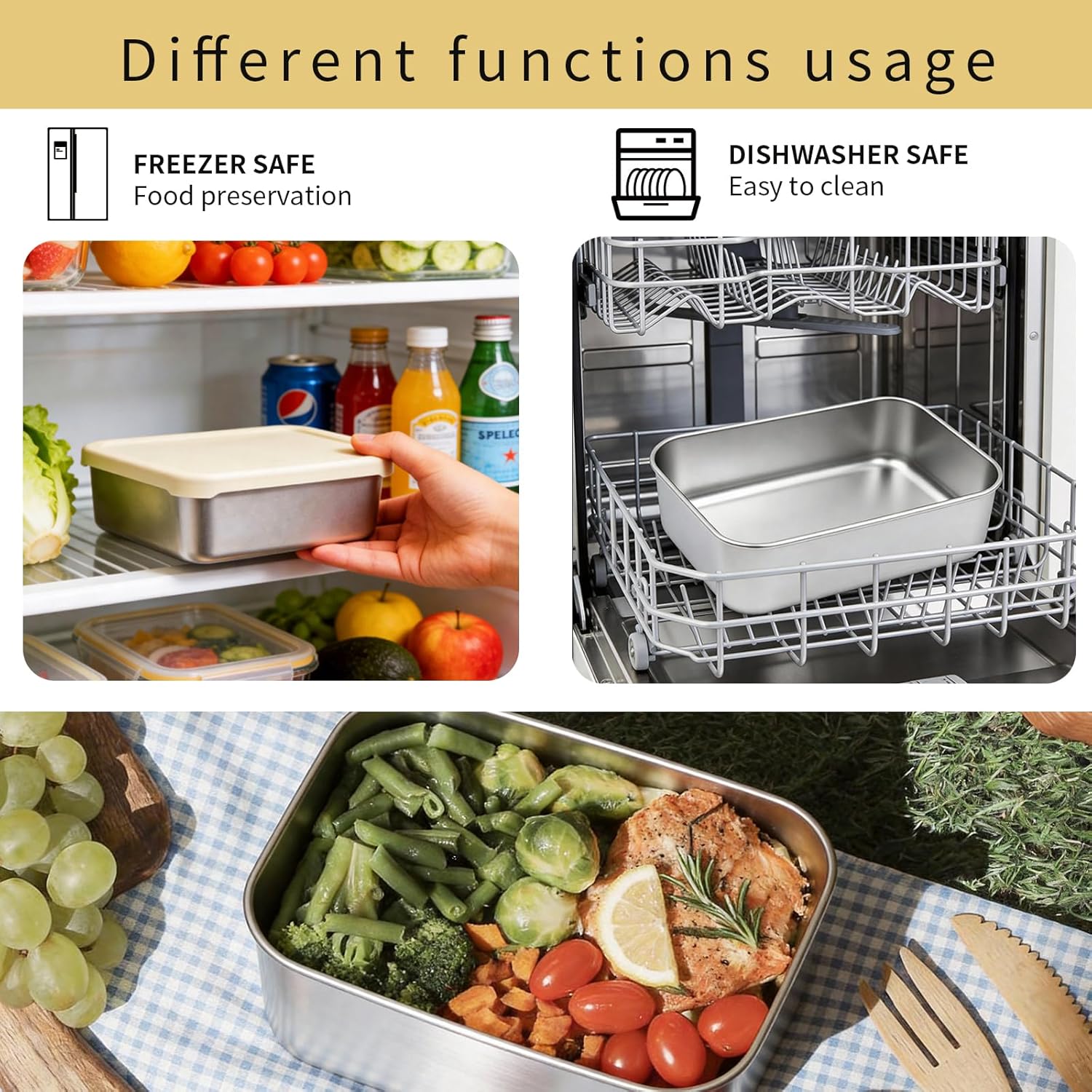 Leak-Proof 3-Piece Stainless Steel Lunch Box Set Metal Lunch Box,Dishwasher Safe Stainless Steel Bento Box with Silicone Lid, Ideal for Office, Travel & Meal Prep（ 1 x 33.8OZ + 2 x 8.8 OZ）
