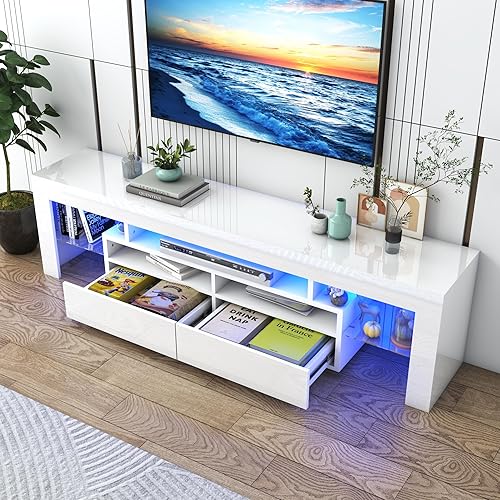 Miniatura 10 de Vinctik 6&Fox Soporte de TV LED de 70 pulgadas para TV de 75/80/85 pulgadas, moderno soporte de TV blanco para sala de estar, centro de