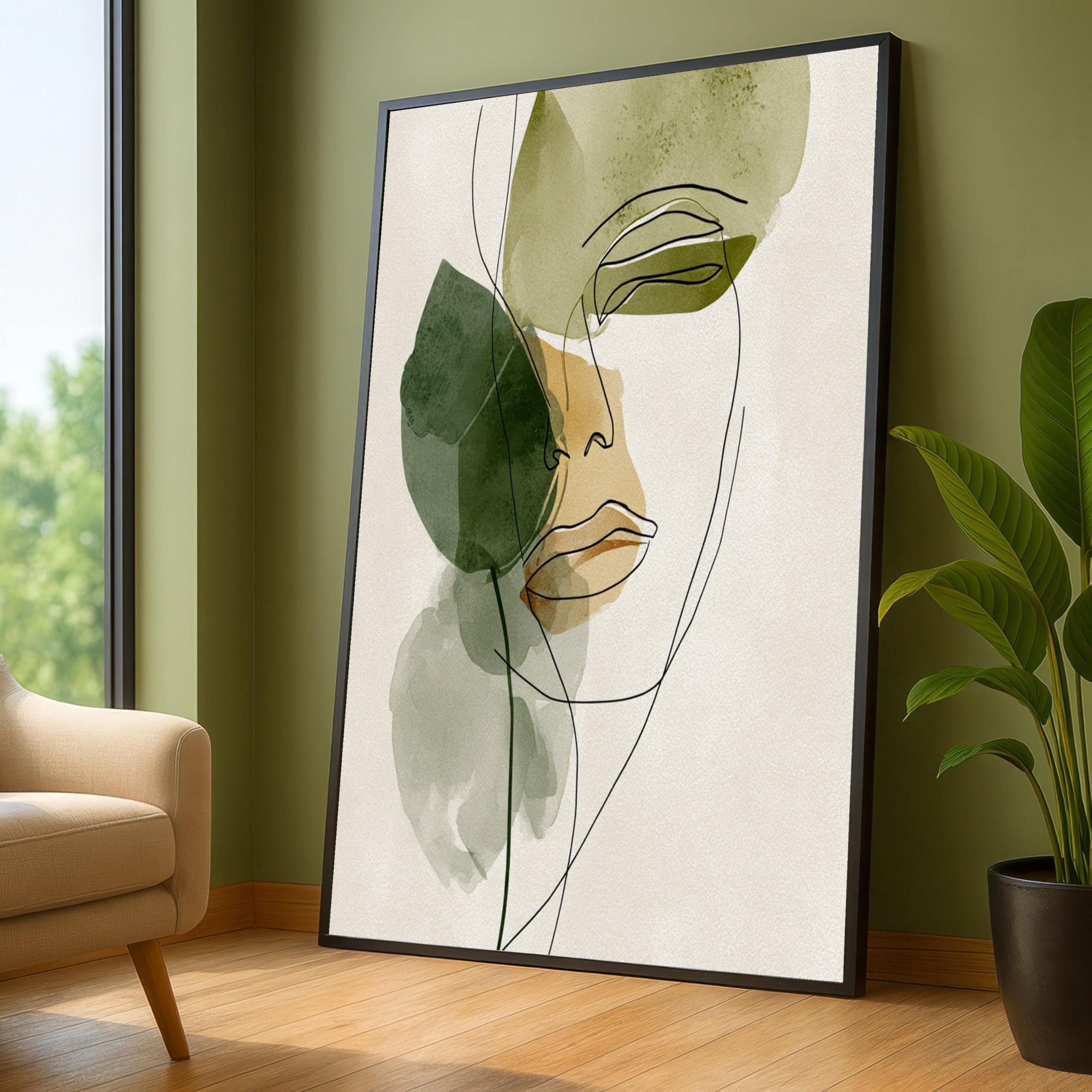 CAOXTART Abstract Face Painting Line Art Canvas Prints, Green Leaves Wall Pictures, Minimalist Mural for Living Room Home Decor(70x100cm/Internal Frame)
