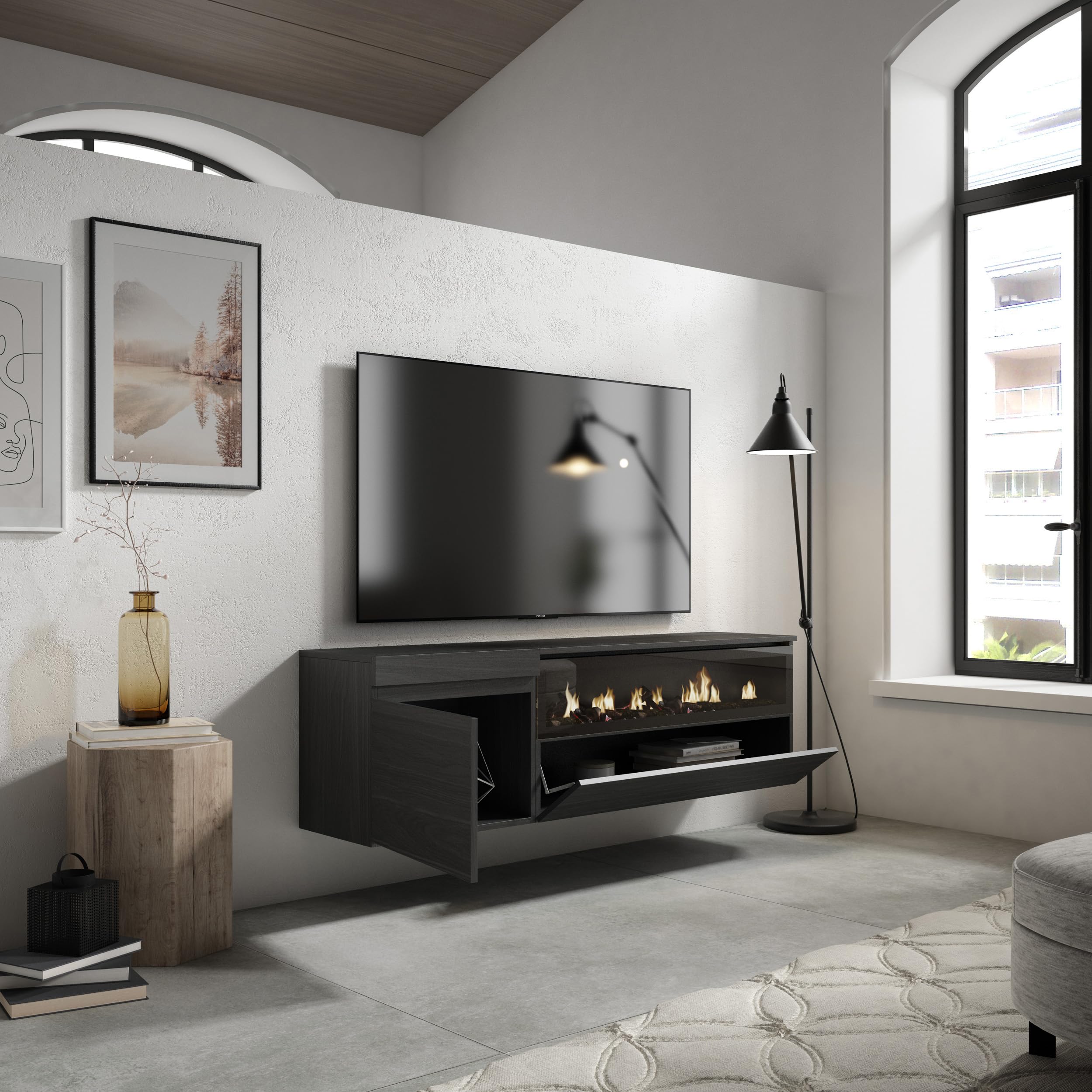 Skraut Home | Mobile TV Soggiorno | Ampio spazio a disposizione | 150x45x35cm | Per TV fino a 65" | Camino elettrico | Sospeso, da appendere | Stile moderno | Nero