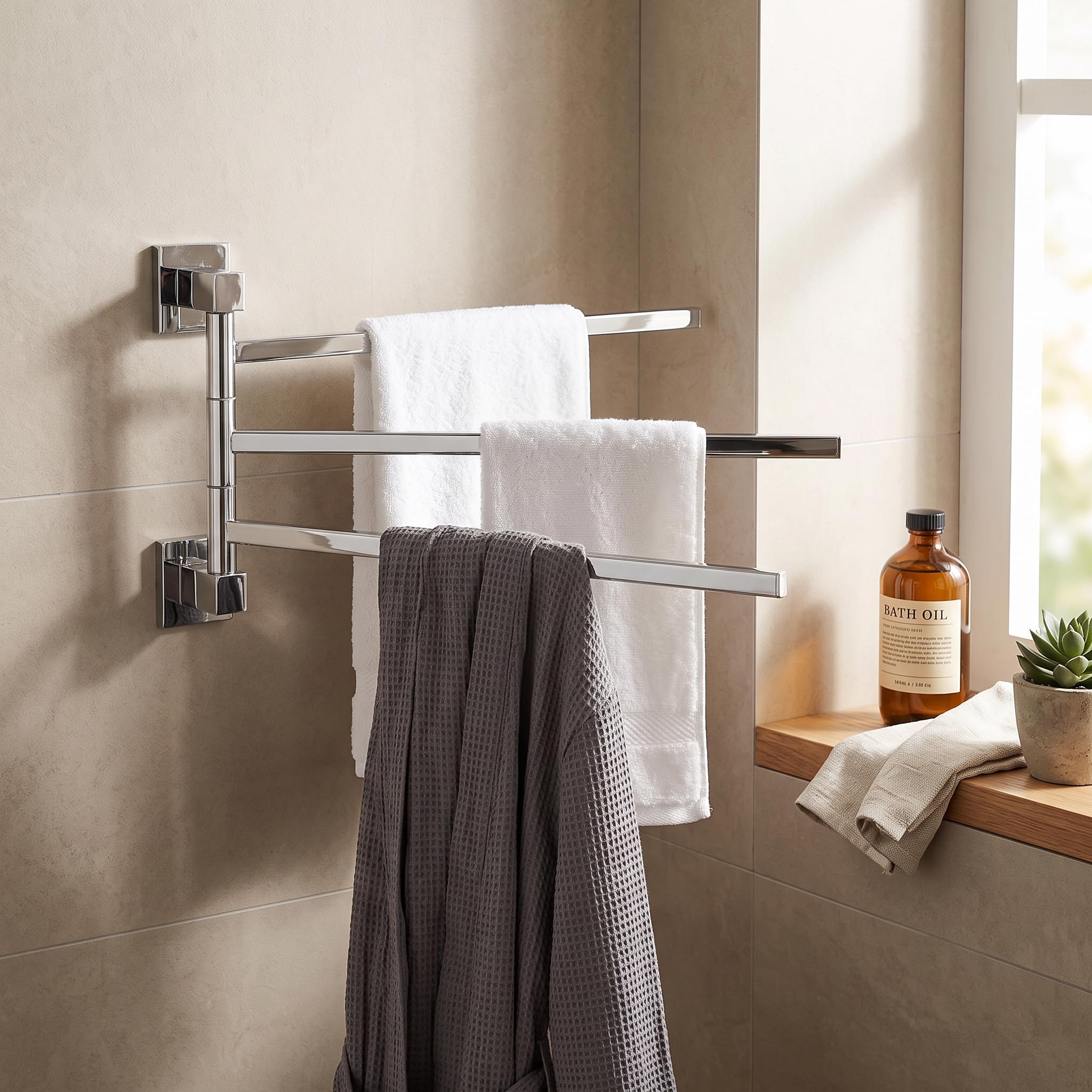 Portasciugamani Girevole in Acciaio Inox, 3 Bracci, 40 cm, Rotazione 180°, Portasciugamani Pieghevole per Bagno e WC, Spazzolato Argento