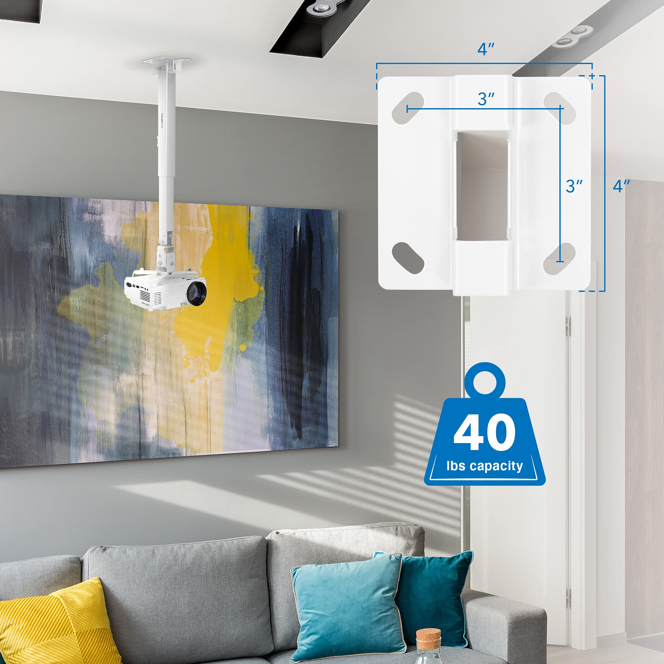Mount-It! Wall or Ceiling Projector Mount with Universal LCD/DLP Mounting for Epson, Optoma, Benq, ViewSonic Projectors, 44lb Load Capacity, White