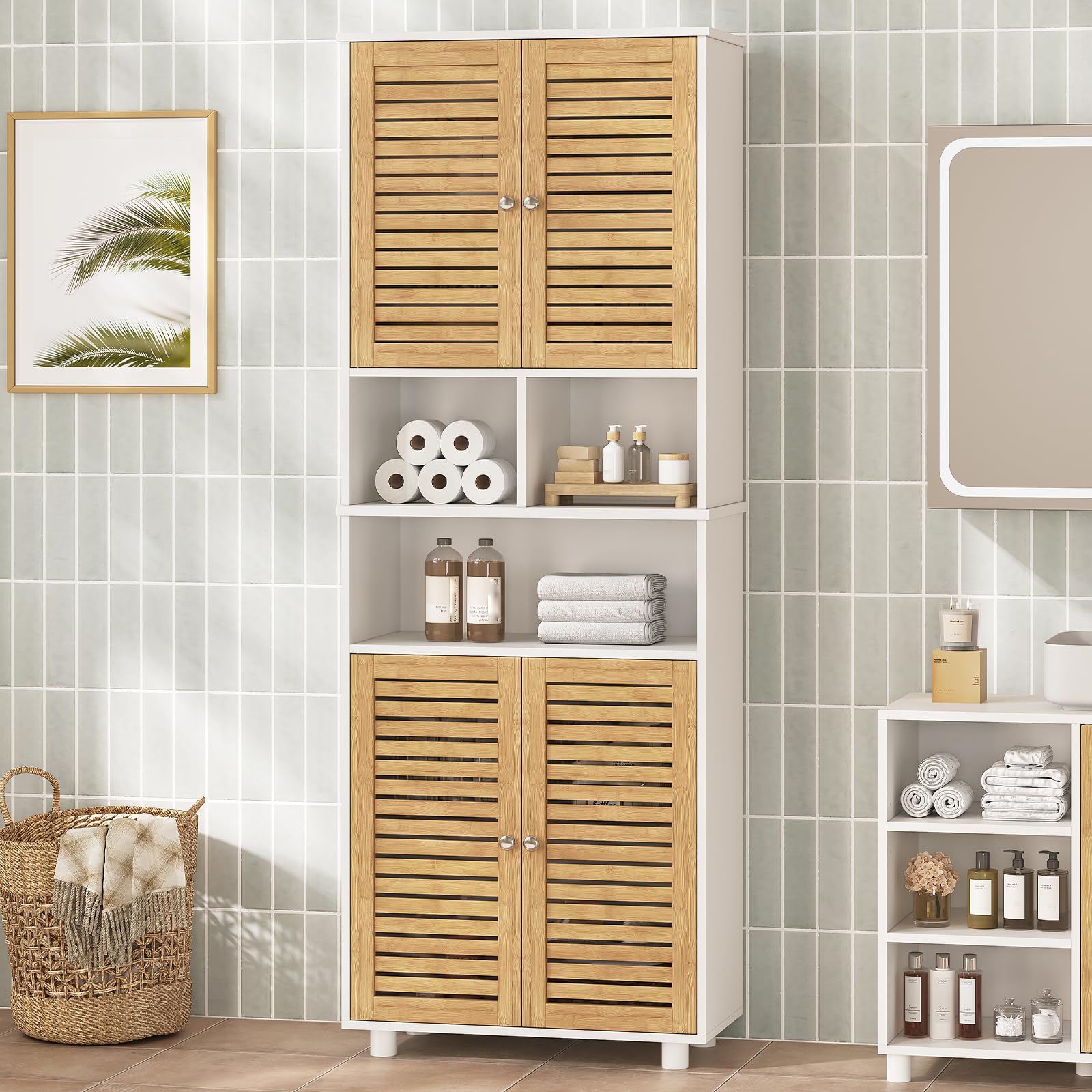 Badezimmerschrank hoch, Badezimmer Hochschrank mit 3 offenen Fächern und verstellbaren Ablagen, Badschrank mit 4 Bambustüren, Bad hochschrank für Wohnzimmer, Küche und Bad, 60 x 30 x 170 cm