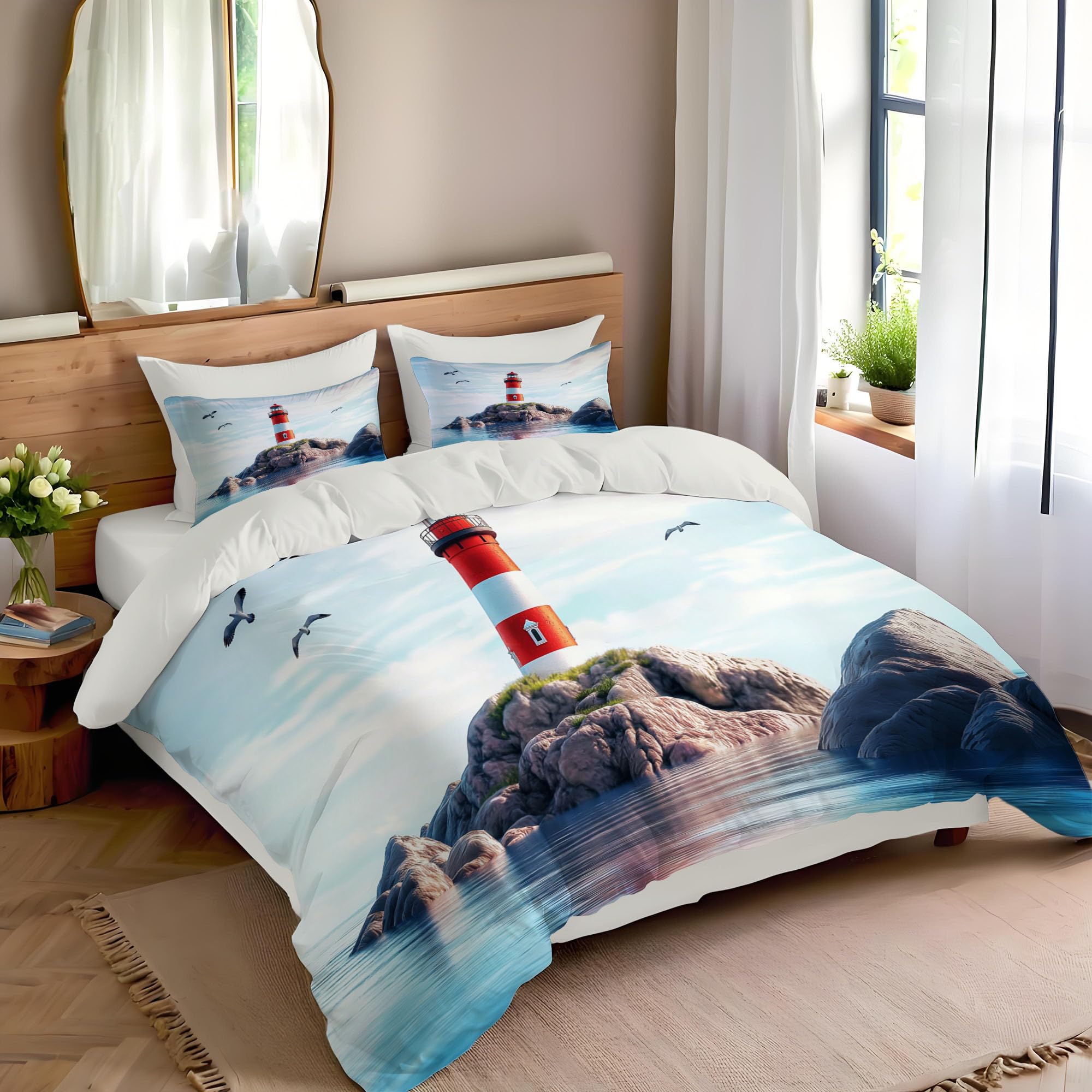 Parure de lit 140x200cm facile à laver et repasser motif île phare bleu ciel
