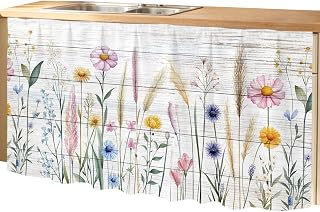 Pastoral Flowers Cabinet Curtains Retro Wildflowers Plants Wood Texture Sink Skirt Privacy Short Cabinet Curtain for Kitchen Bathroom Self Adhesive Waterproof Under Sink Curtain 28" W x 51" L