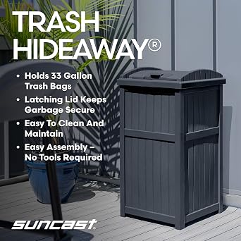 Suncast Outdoor Trash Hideaway, Resin Refuse Container w/Lid, Cyberspace, 30 Gallon Capacity - Stylish Concealed Waste Storage for Patio, Backyard, Deck or Garden, Use 30-33 Gal. Garbage Can Liners