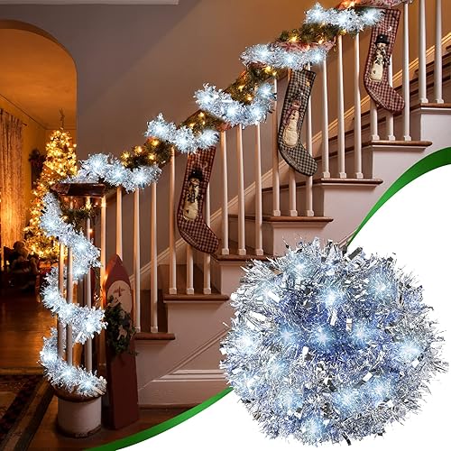 Miniatura 18 de Kingdder Guirnalda de oropel de Navidad de 16.4 pies iluminada metálica para decoración de árbol, funciona con pilas, 50 luces LED, guirnalda