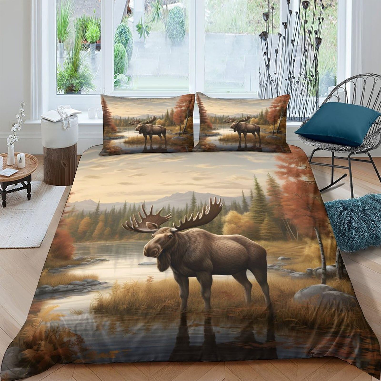 Ctjqhvkz Style-3 3D Printed Moose Forest Fitted Sheet Microfiber Soft Breathable Autumn Landscape Bed Cover For Bedroom Guest Room Decor Single（135X200cm）
