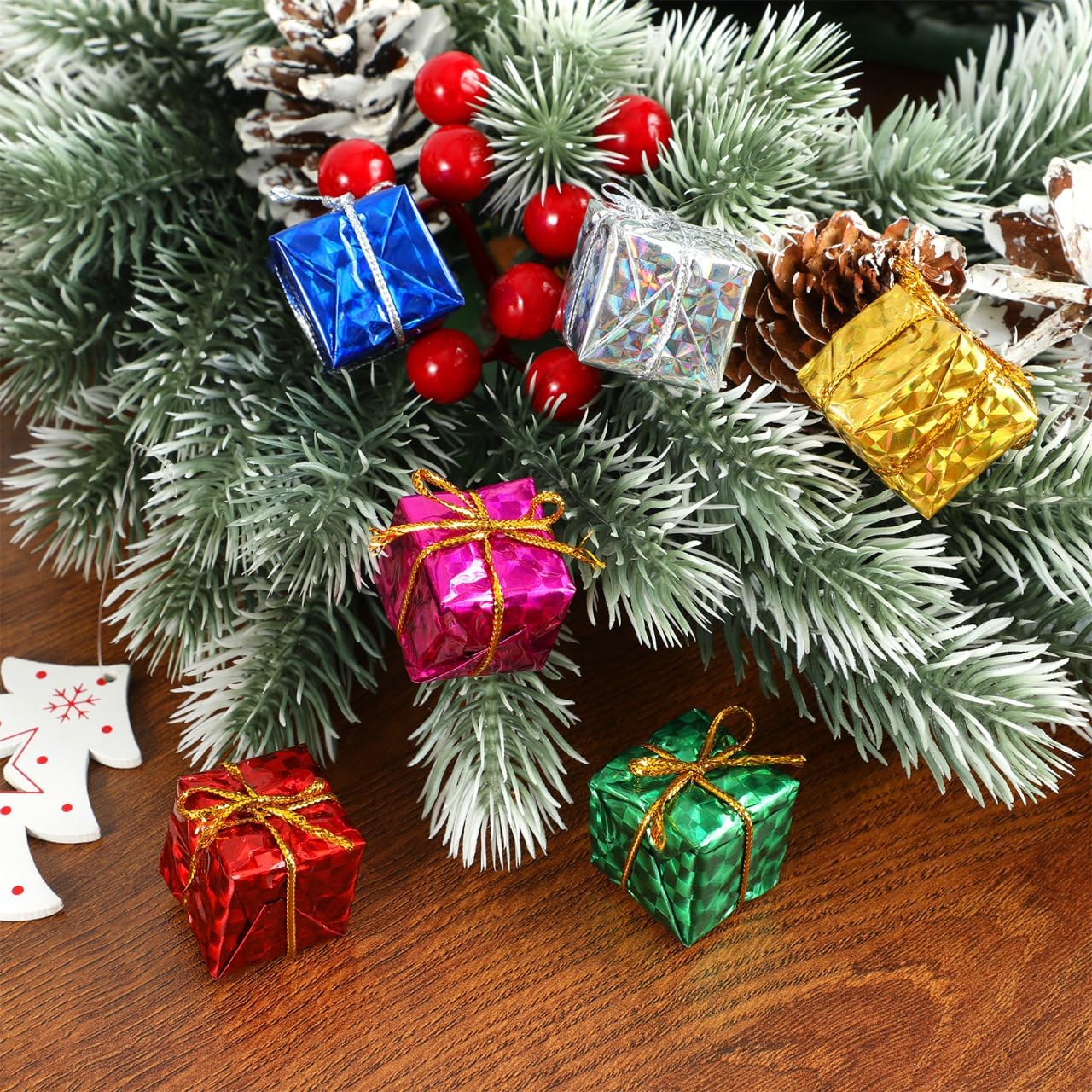 ULTECHNOVO 24Pcs Mini Christmas Tree Ornaments, Small Gift Box Hanging Decorations, Colorful Foil Present Boxes, Tiny Fake Wrapped Ornament for Holiday Craft & Party Decor, 0.94 Inch