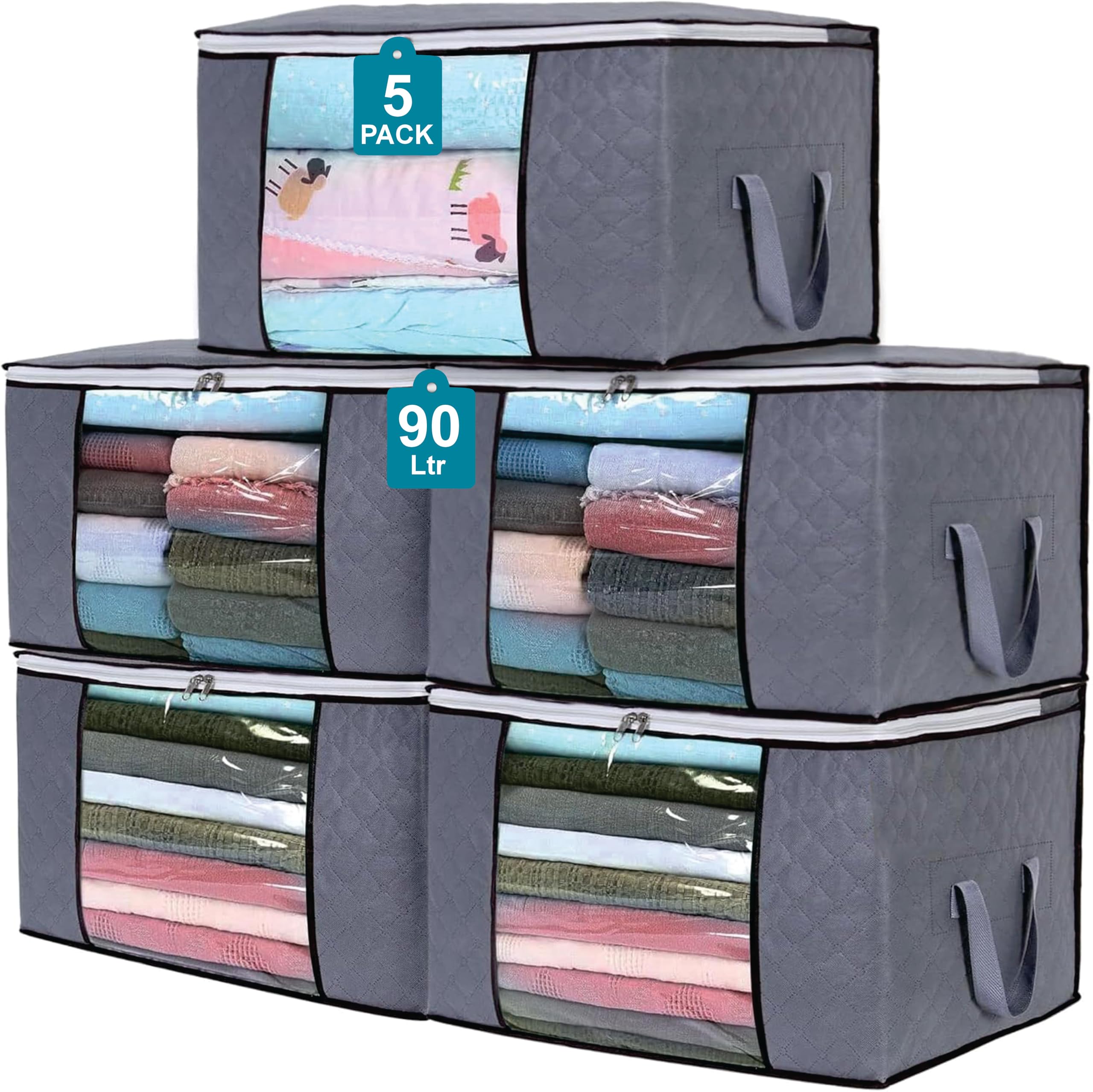 90L Large Storage Bags for Clothes, 5 Pack Foldable Clothes Storage Bins for Closet Organizer Storage Containers with Handle, Blanket and Comforter Storage,Storage box