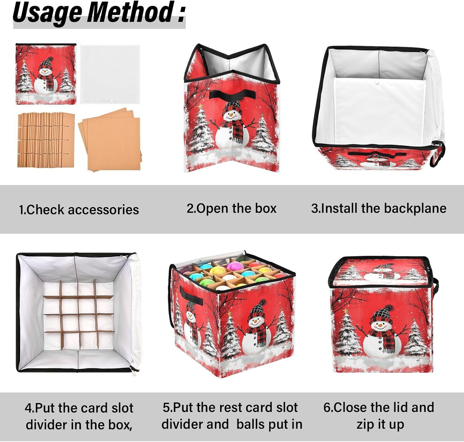 High Capacity Christmas large ornament storage Holds Up to 64, Two Handles foldable Holiday Storage Case with Lid,Red Black Buffalo Plaid Snowman