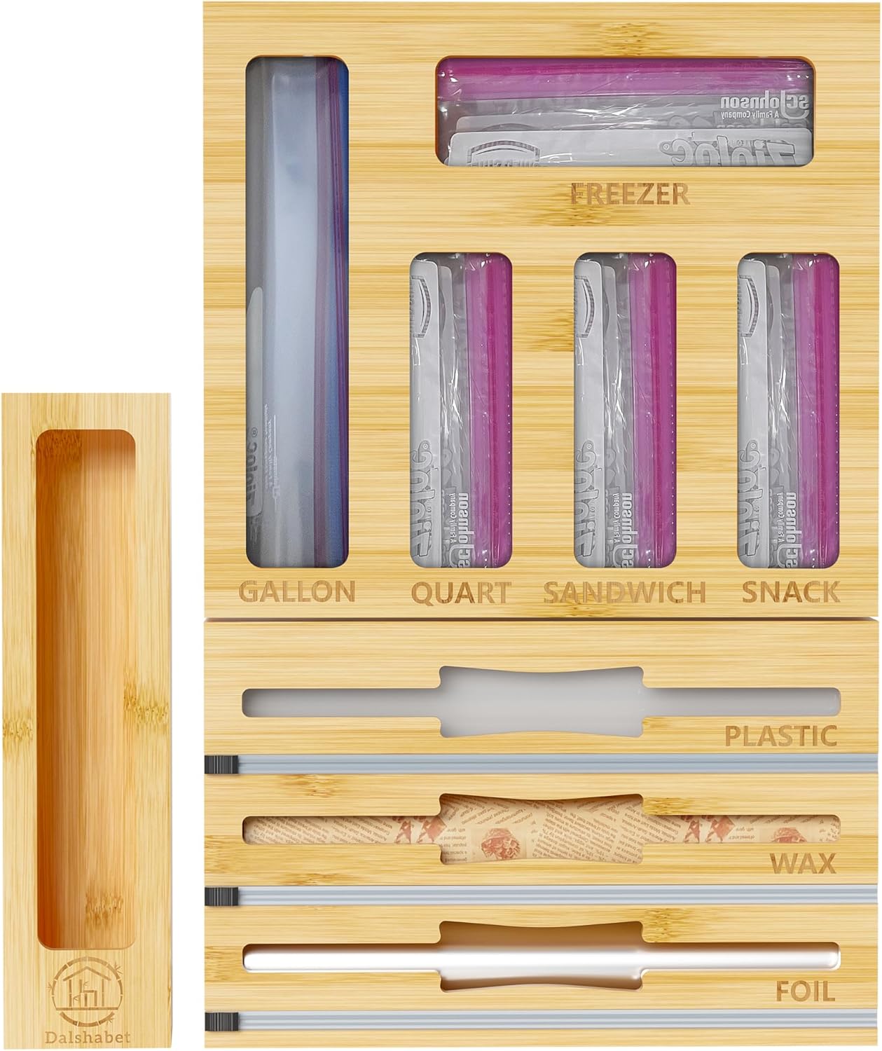 DALSHABET 9 IN1 Bamboo Storage Bag Drawer Organizer with Cutter, Foil and Plastic Wrap Dispenser for Kitchen Storage Compatible with All Brands Gallon, Quart, Sandwich & Snack Size Bags - Beige