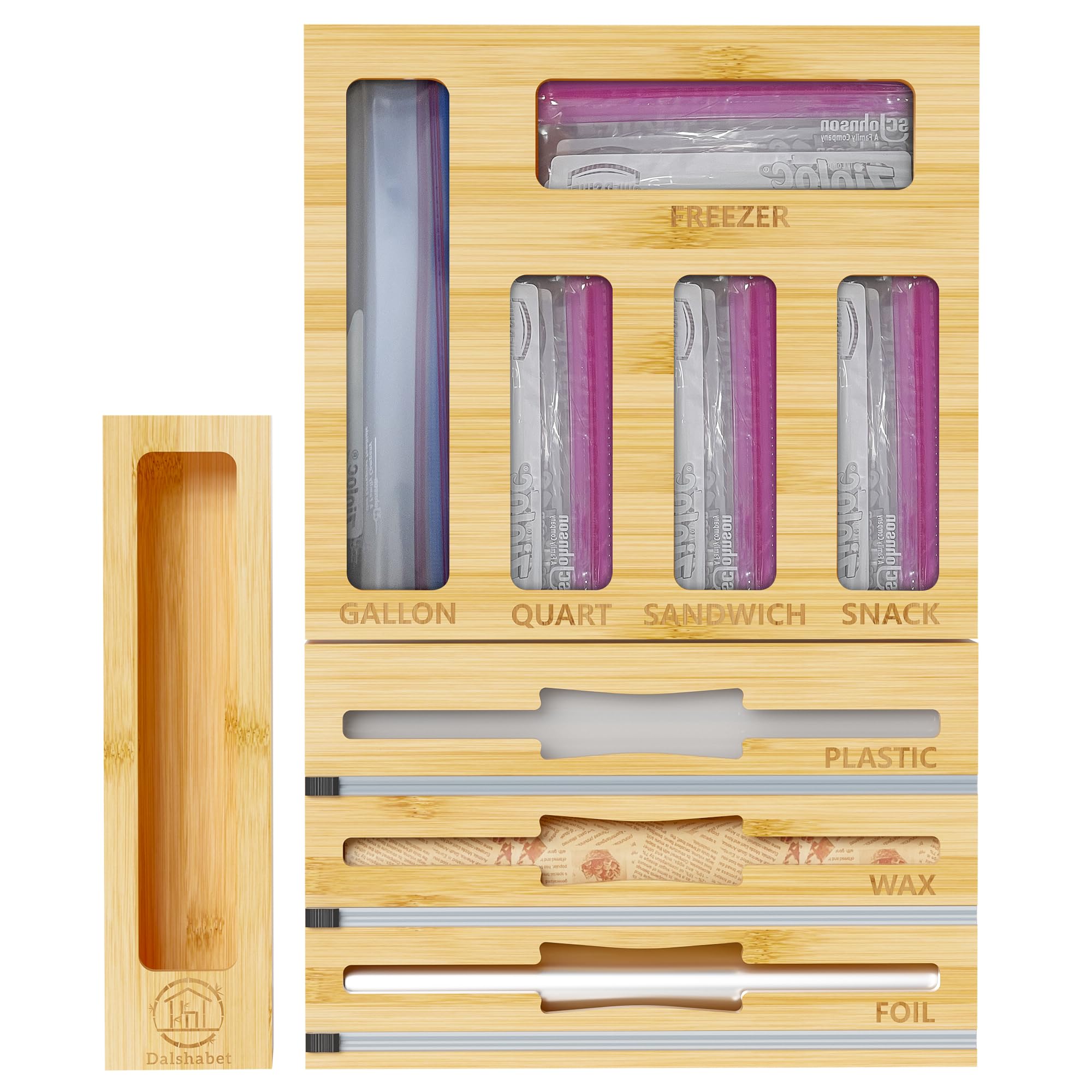 Organizador de bambú DALSHABET para bolsas de cocina y rollos, orden natural en tus cajones