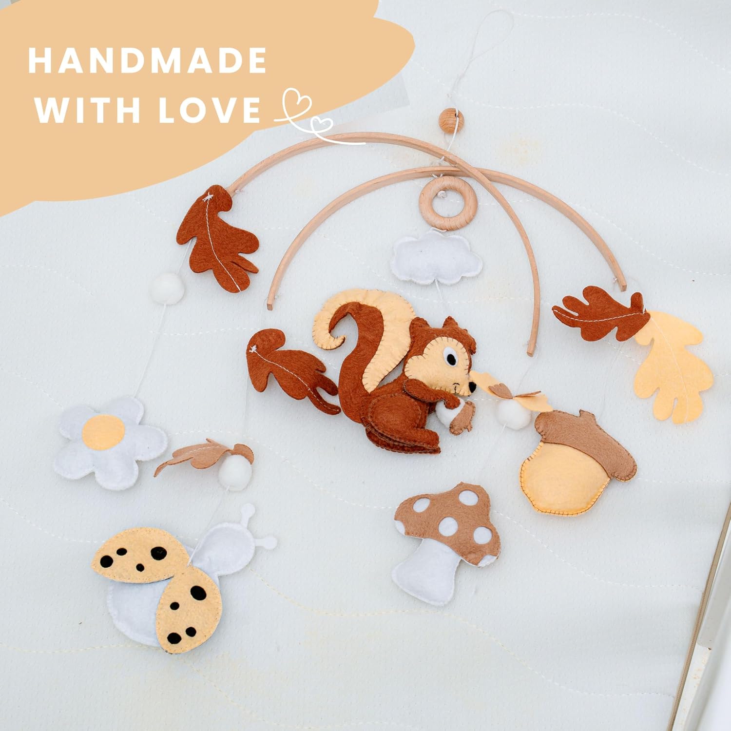 Woodland Nursery Mobile, Felt Squirrel with Mushrooms, Acorns, Leaves and Cloud, Baby Crib Mobile, Forest Theme Hanging Decor
