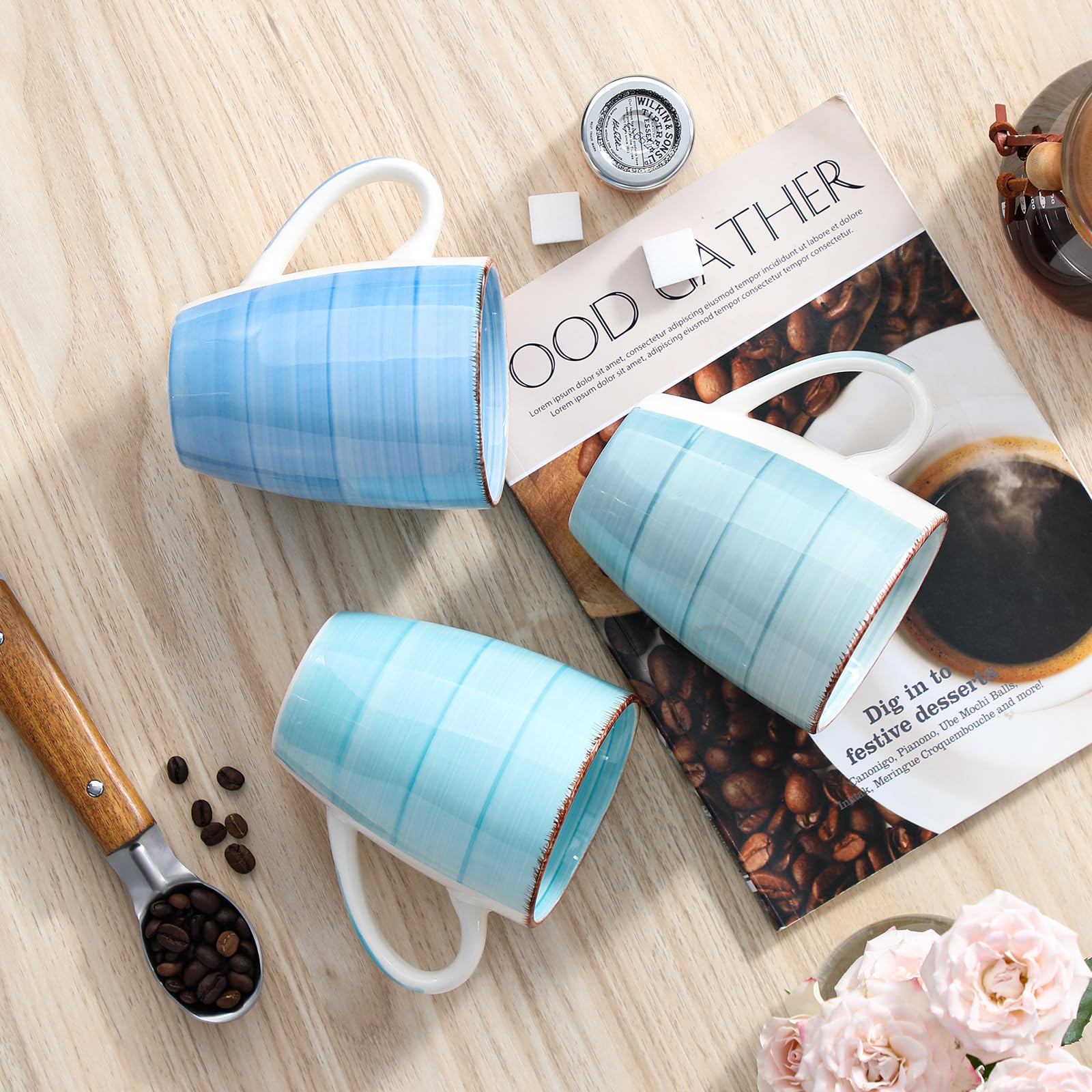 vancasso BONITA Set 6 Tazas de Café, 500 ml Tazas Desayuno Mugs, Juego de Tazas de Leche de Gres, Tazas Grandes Ceramica, Microondas y Lavavajillas, Pintados a Mano de Estilo, Azul