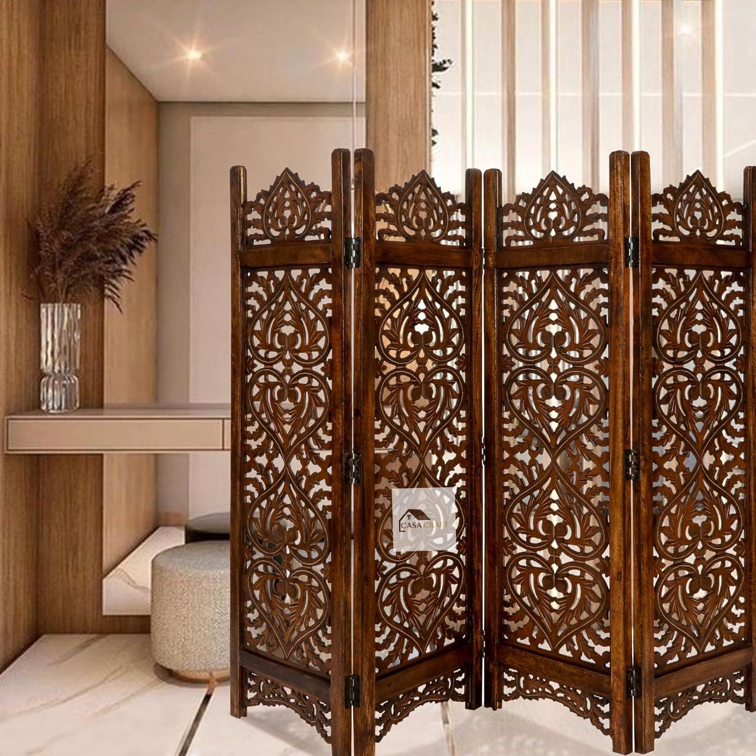 CASA CRAFT Wooden Room Partition Screens for Bedroom,Living Room, Privacy Divider, Freestanding Folding Panels for Changing Room 48 x 64 inch Each panl Size 48 x 16 in (Dark Brown)-image-33